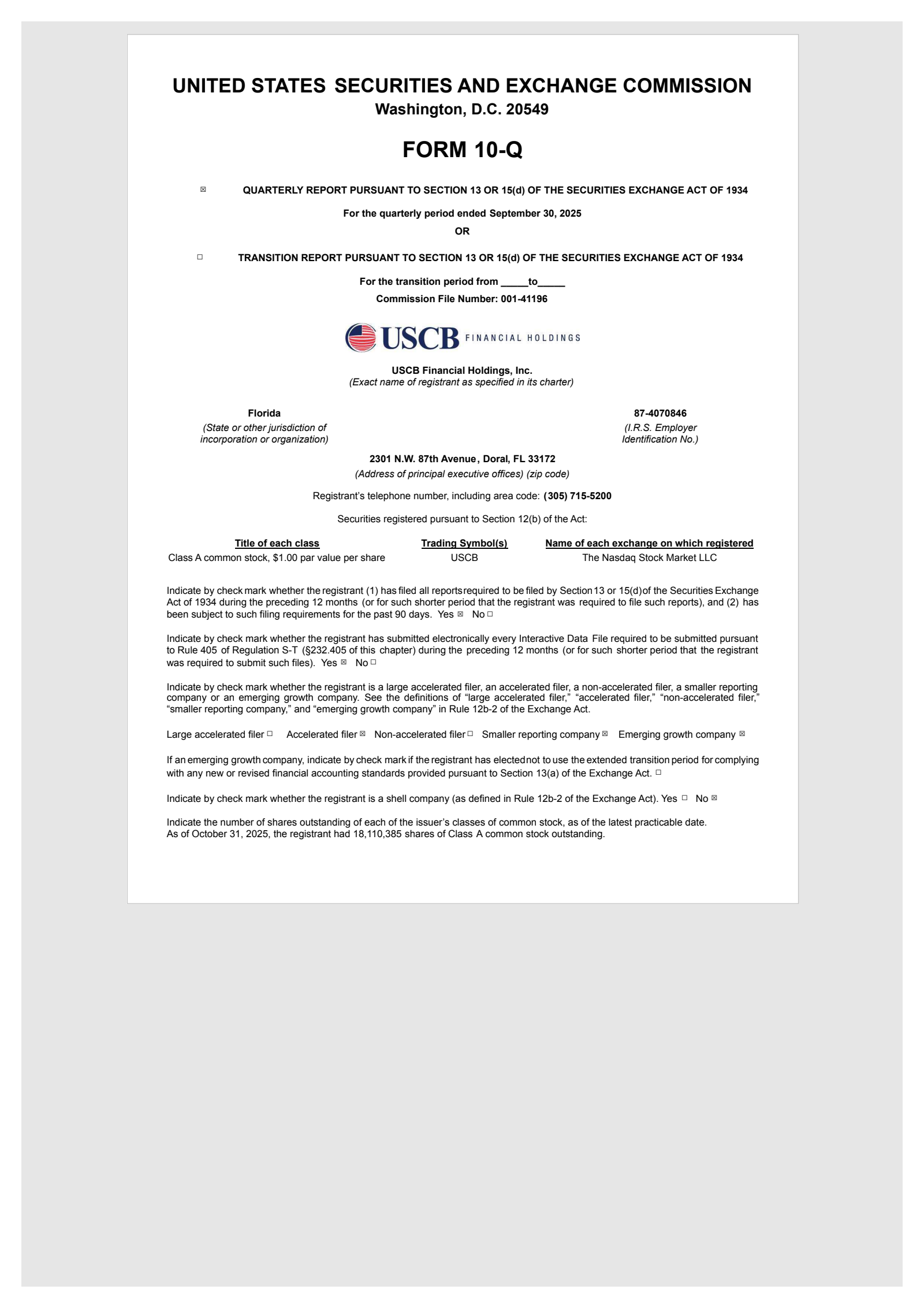 USCB Financial's Q3 2025 Quarterly Report