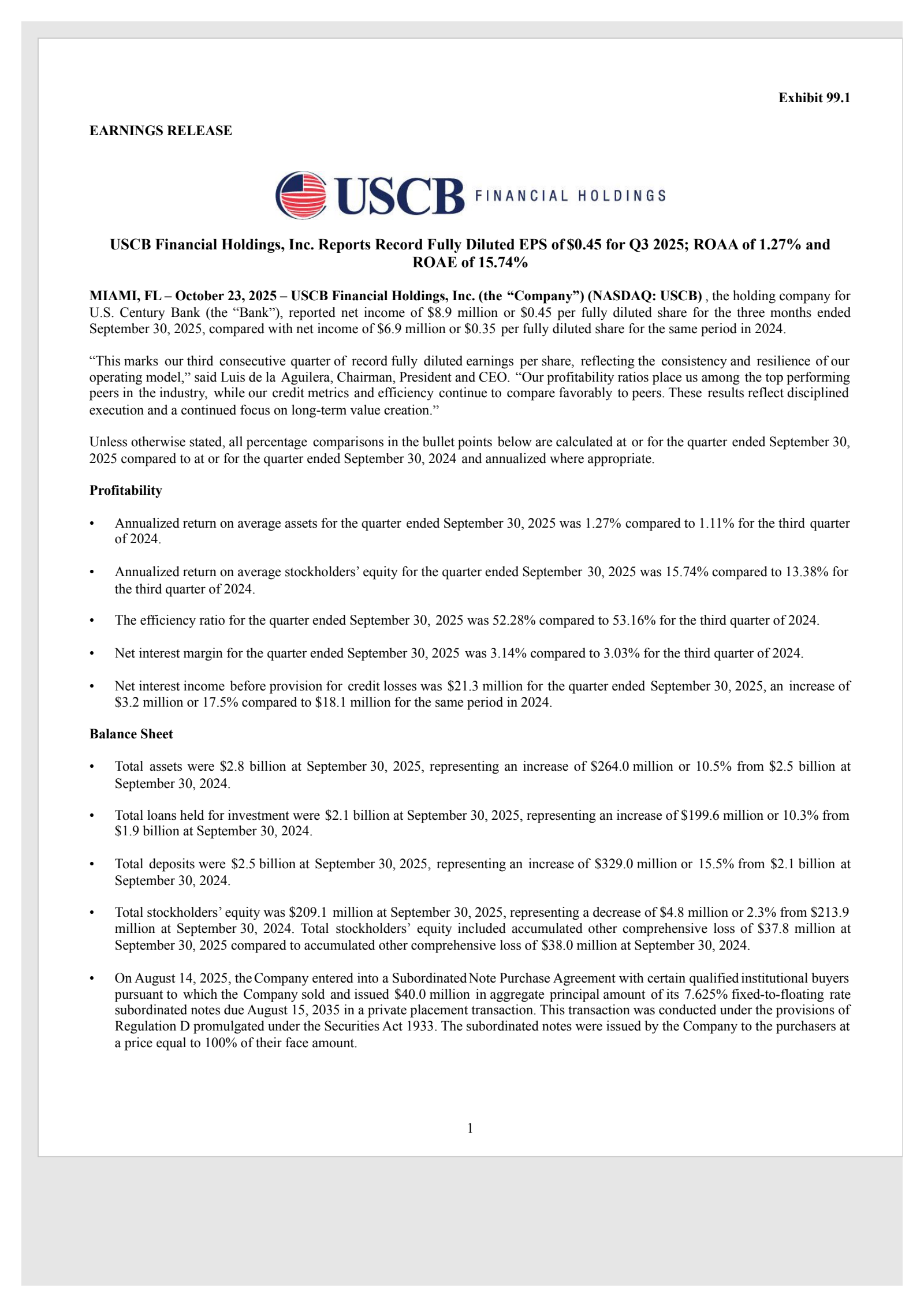 USCB Financial's Q3 2025 Earnings Release
