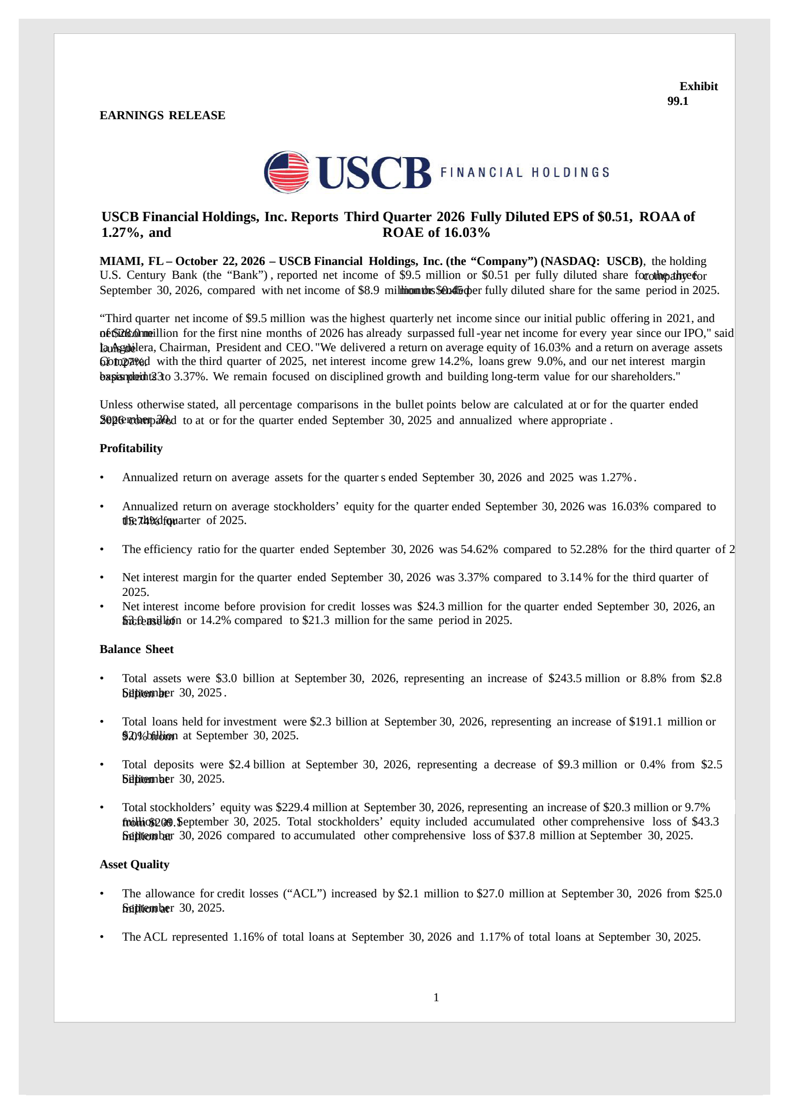 USCB Financial's Q3 2026 Press Release