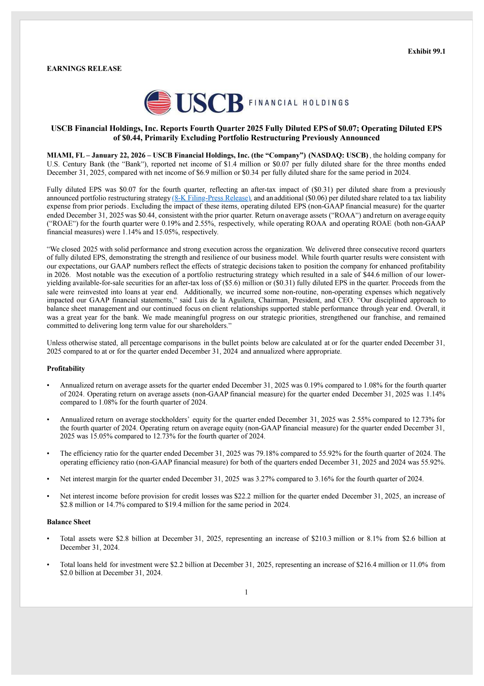 USCB Financial's Q4 2025 Press Release
