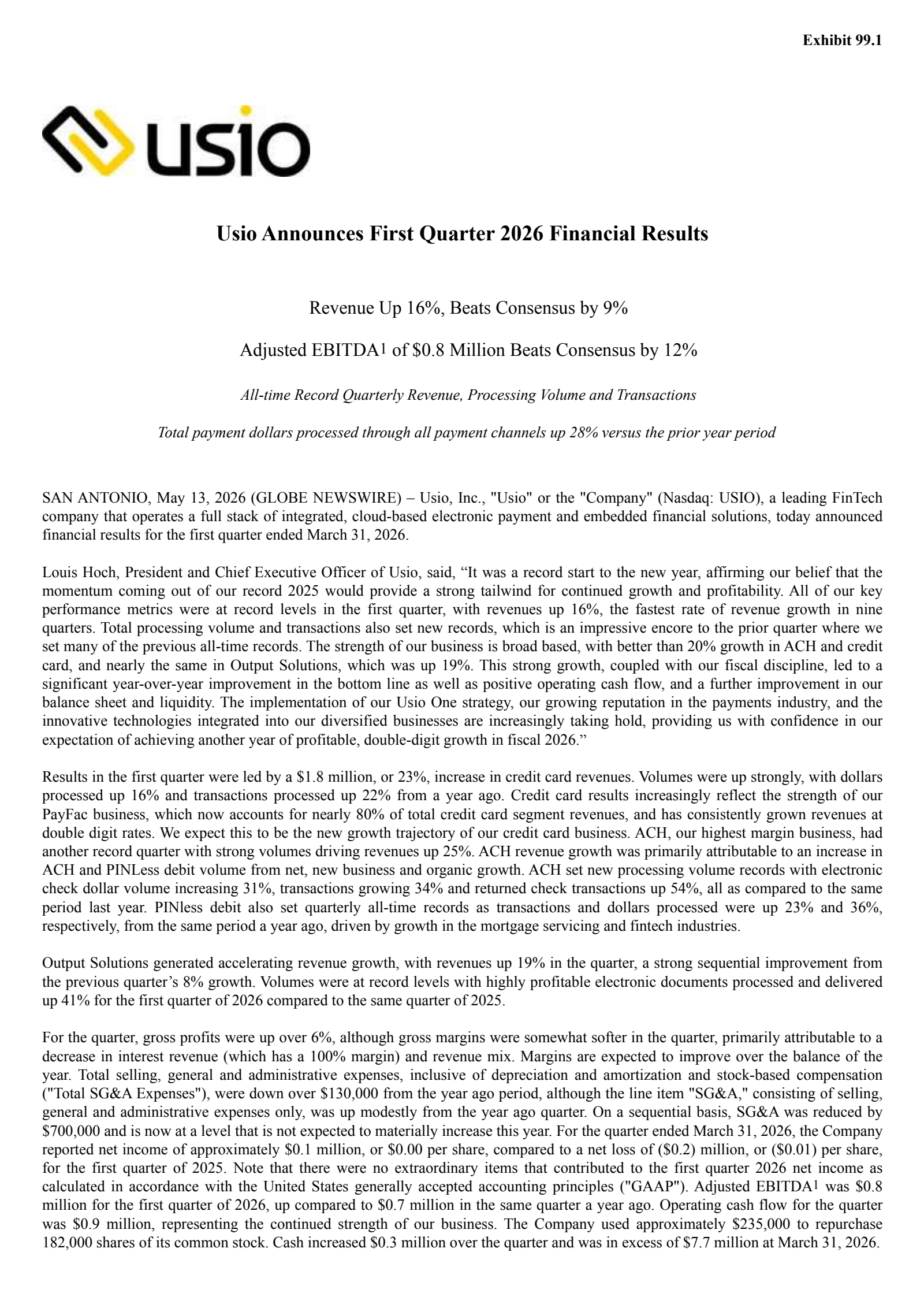 Usio's Q1 2026 Press Release