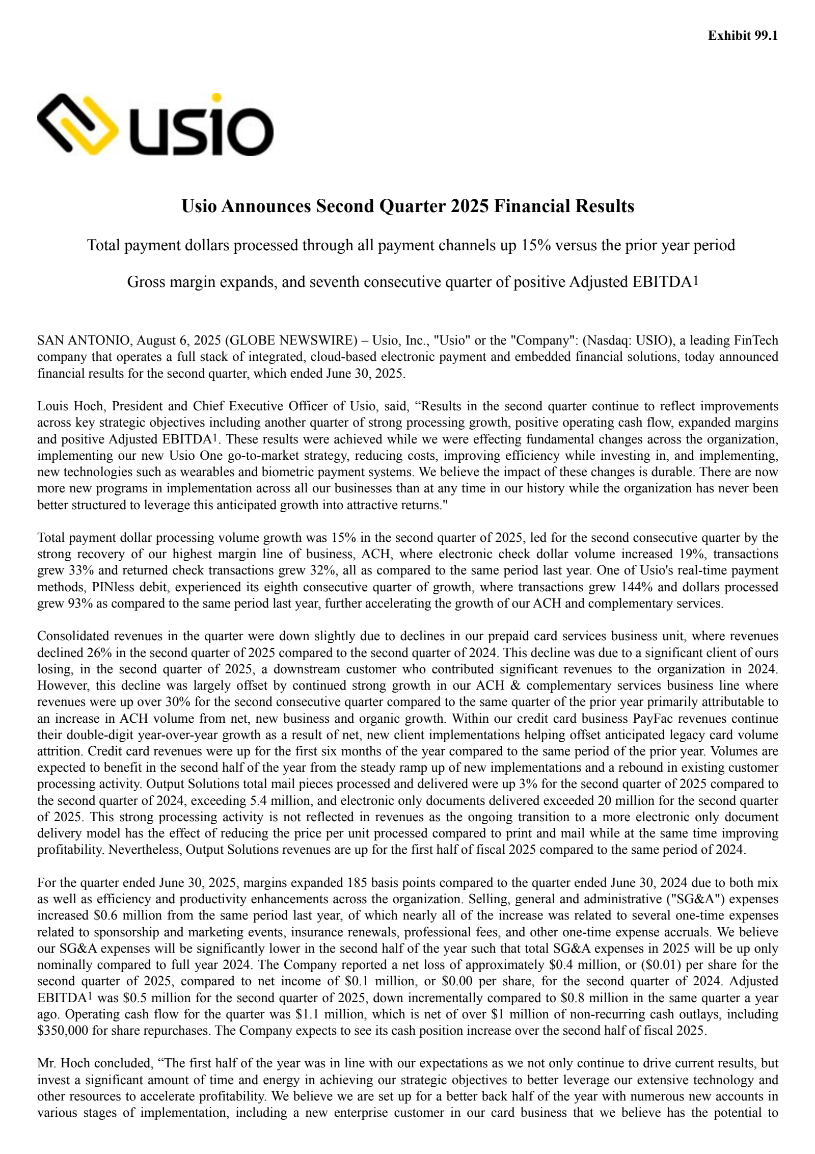 Usio's Q2 2025 Press Release
