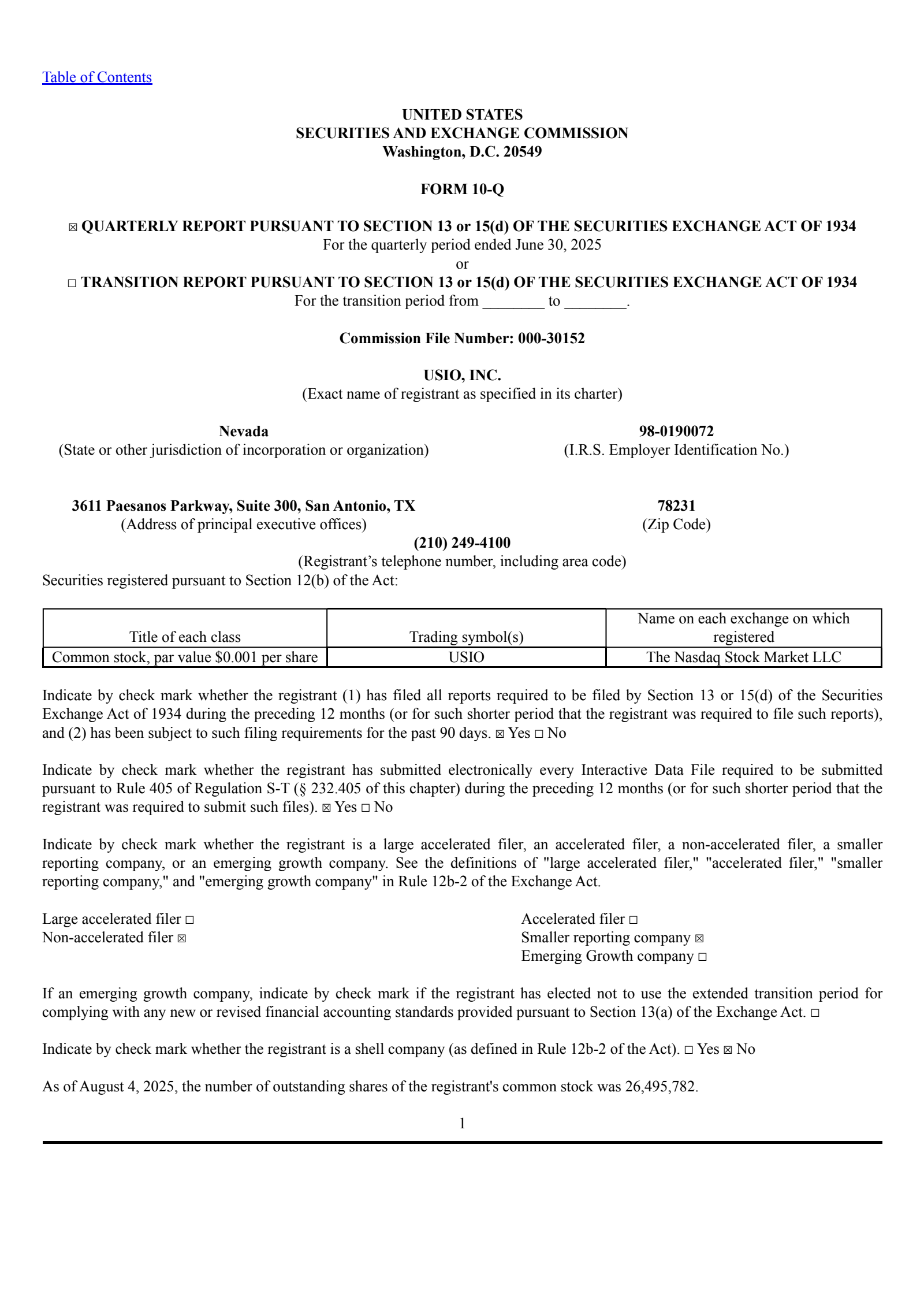 Usio's Q2 2025 Quarterly report