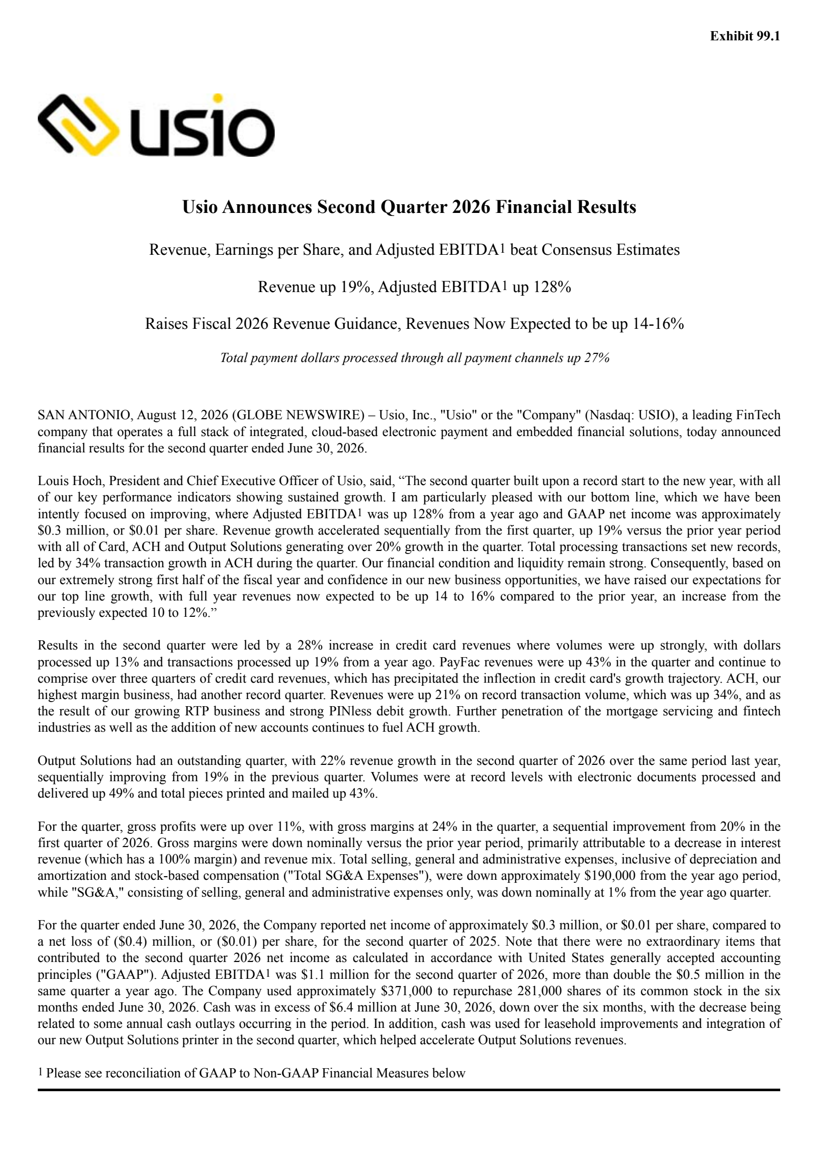 Usio's Q2 2026 Press Release
