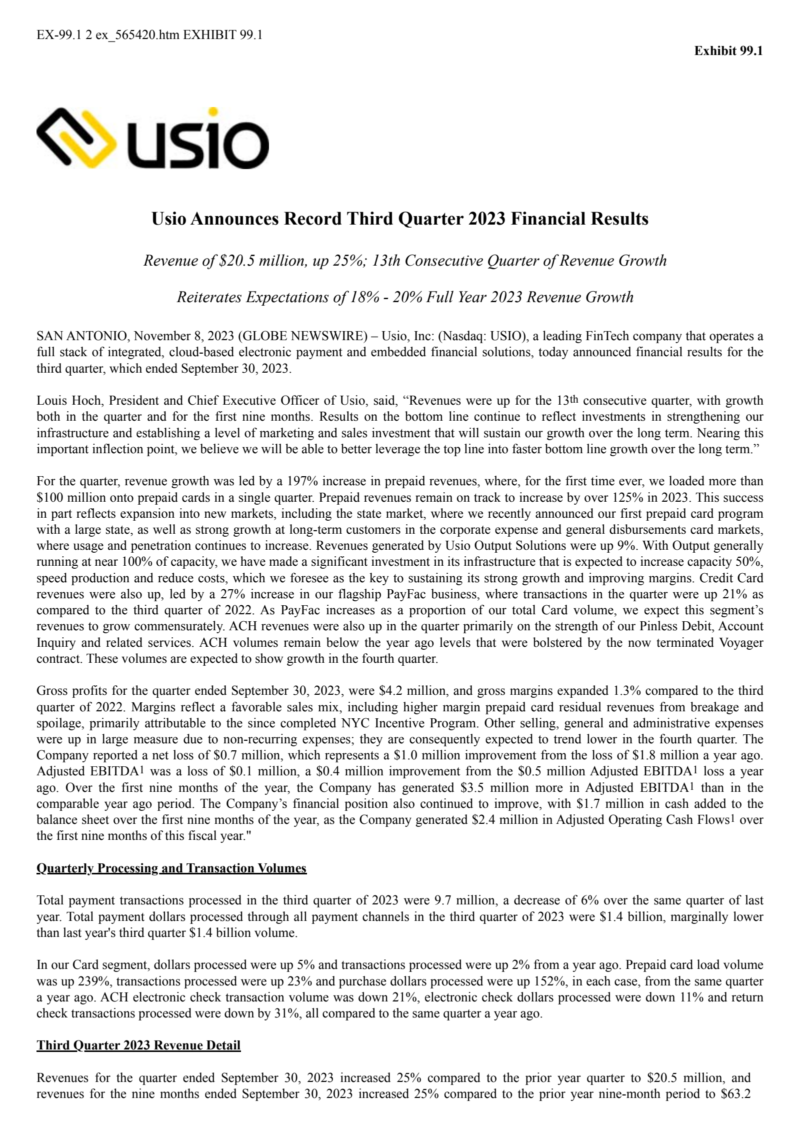 Usio's Q3 2023 Press Release