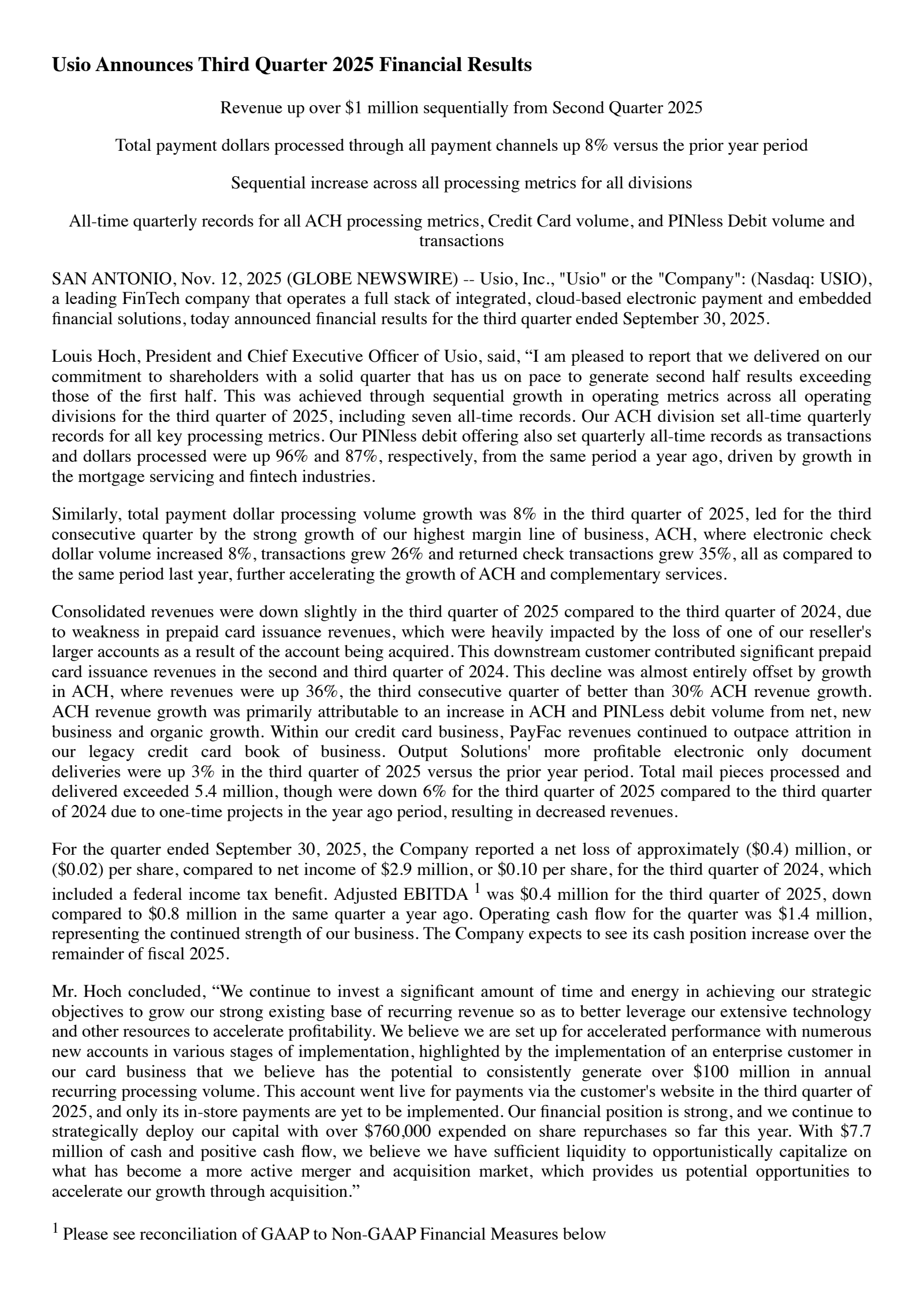 Usio's Q3 2025 Earnings Release