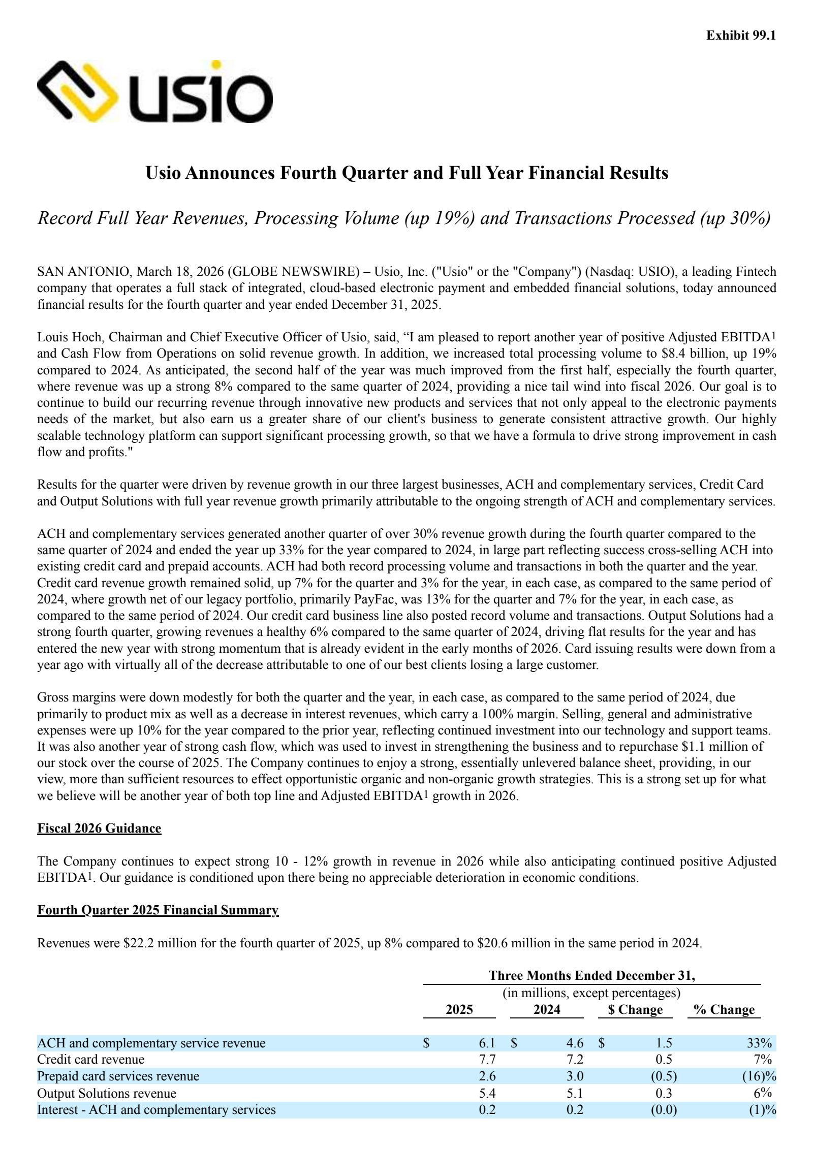 Usio's Q4 2025 Press Release