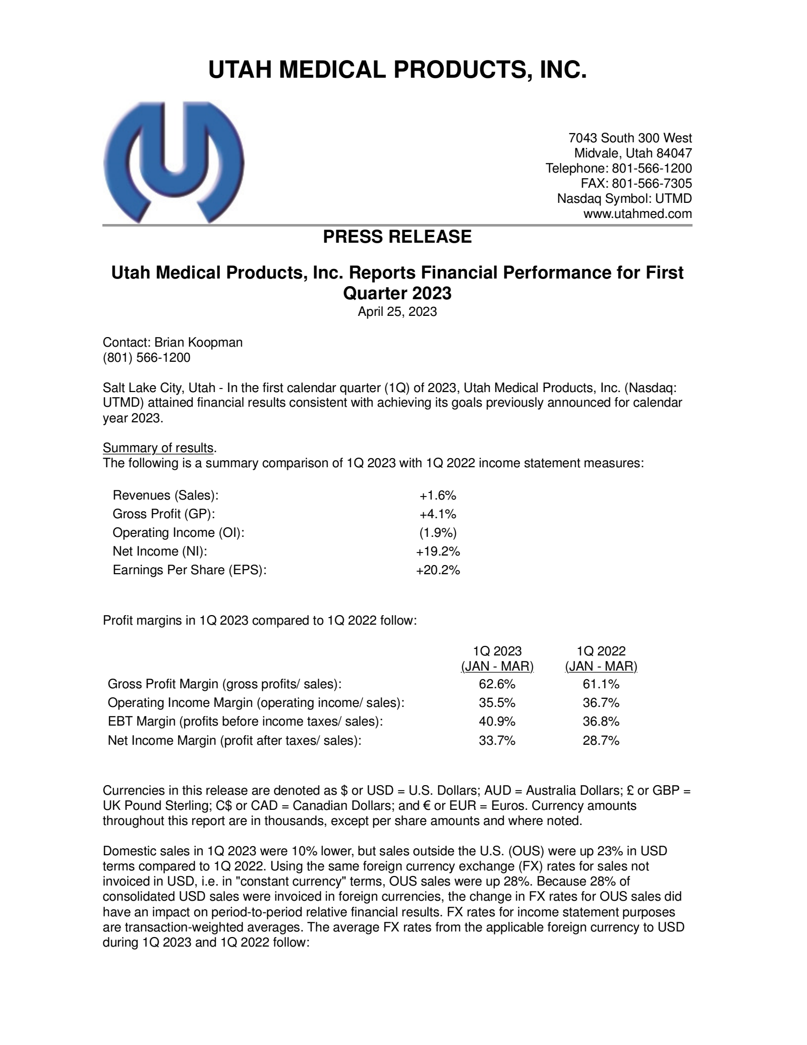 Utah Medical Products' Q1 2023 Press Release
