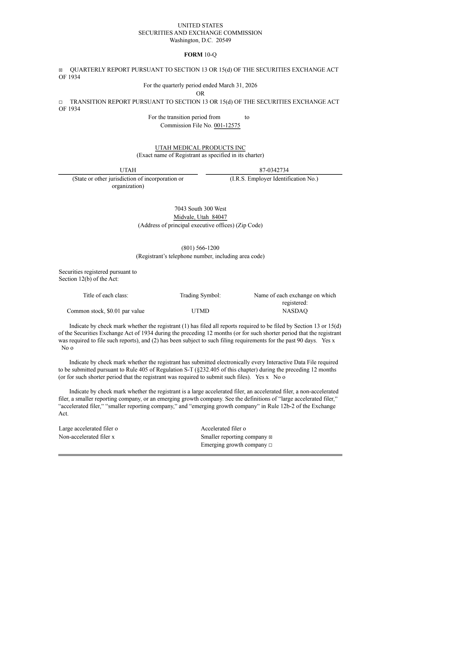 Utah Medical Products' Q1 2026 Quarterly report
