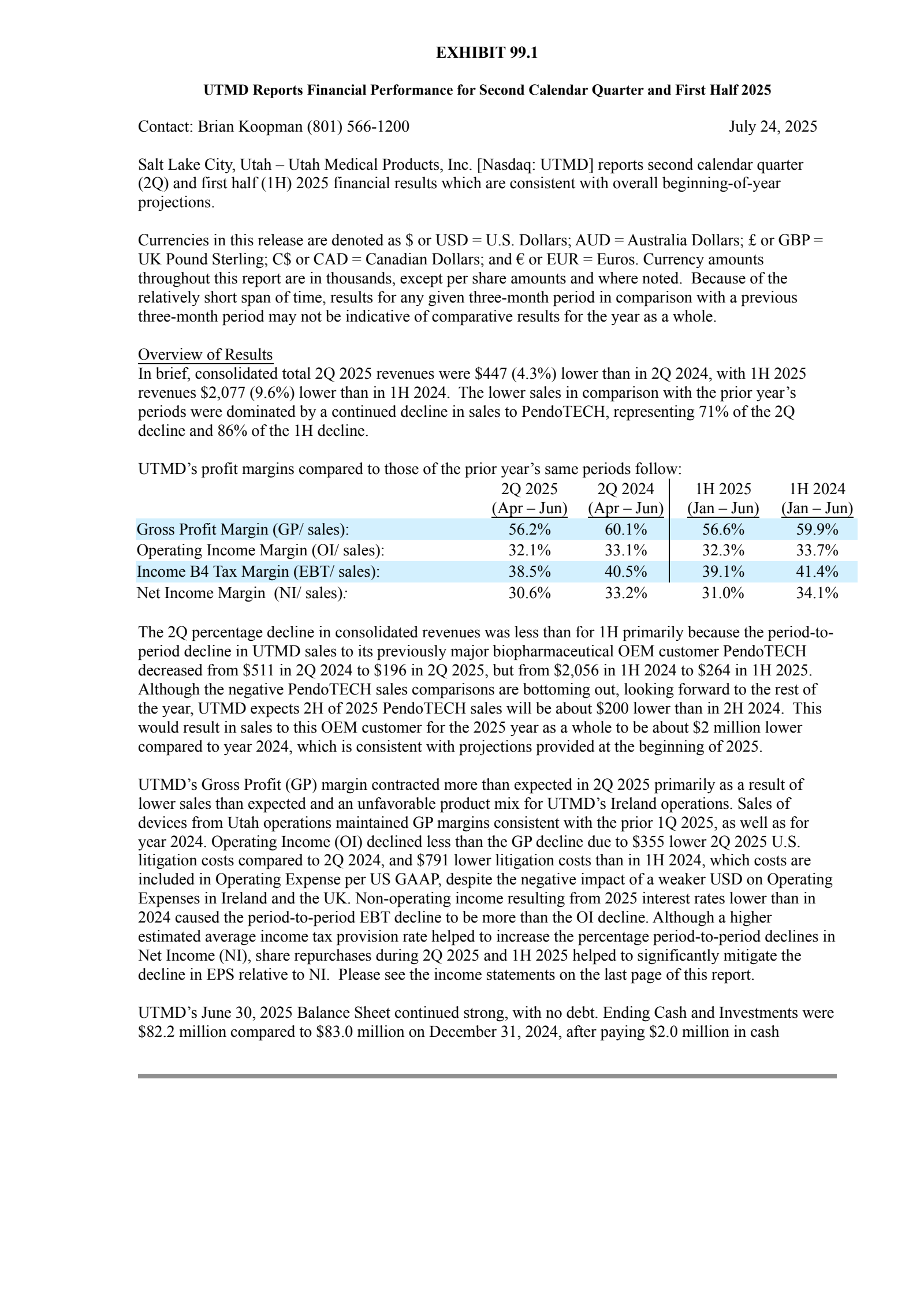 Utah Medical Products' Q2 2025 Press Release