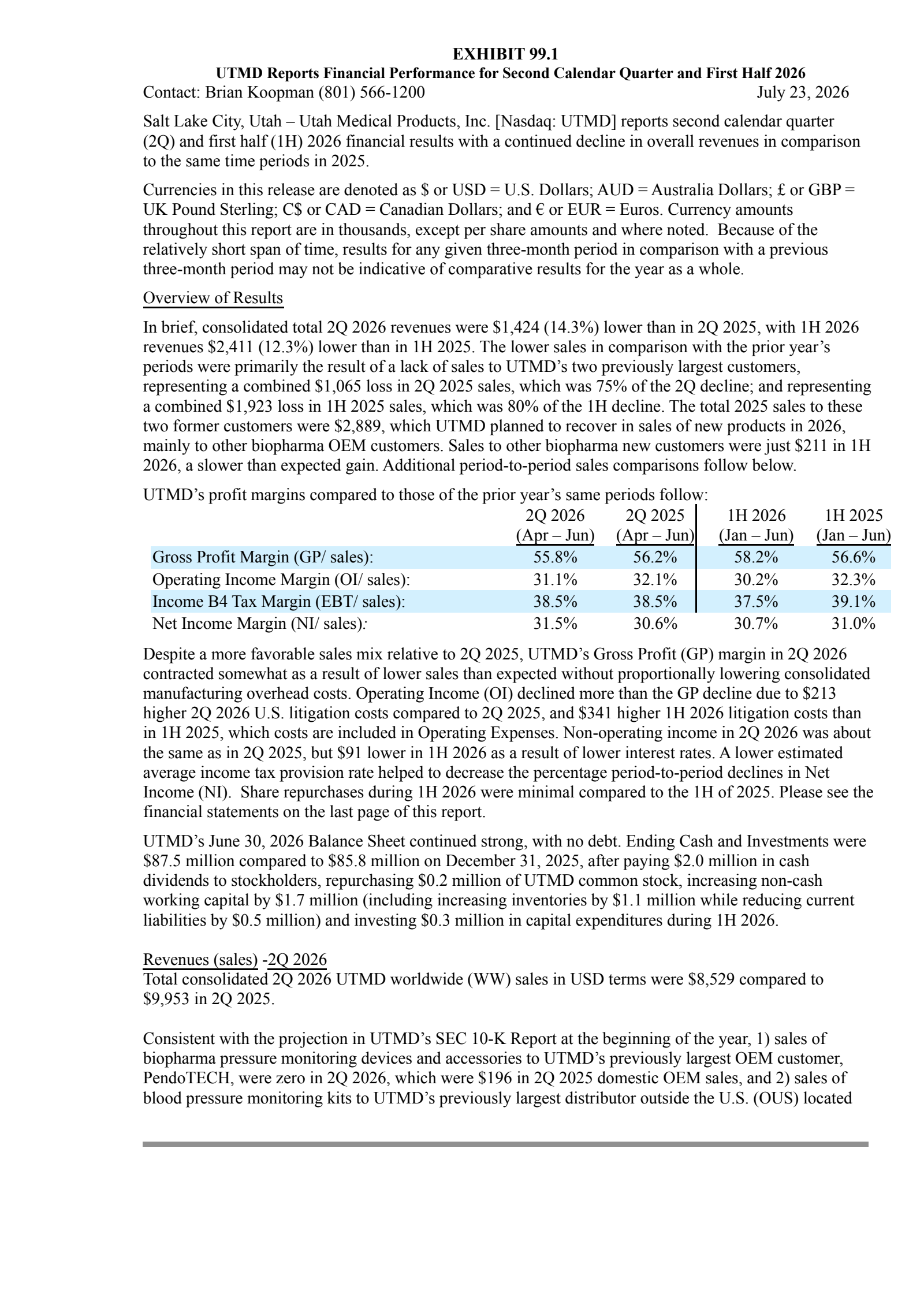 Utah Medical Products' Q2 2026 Press Release