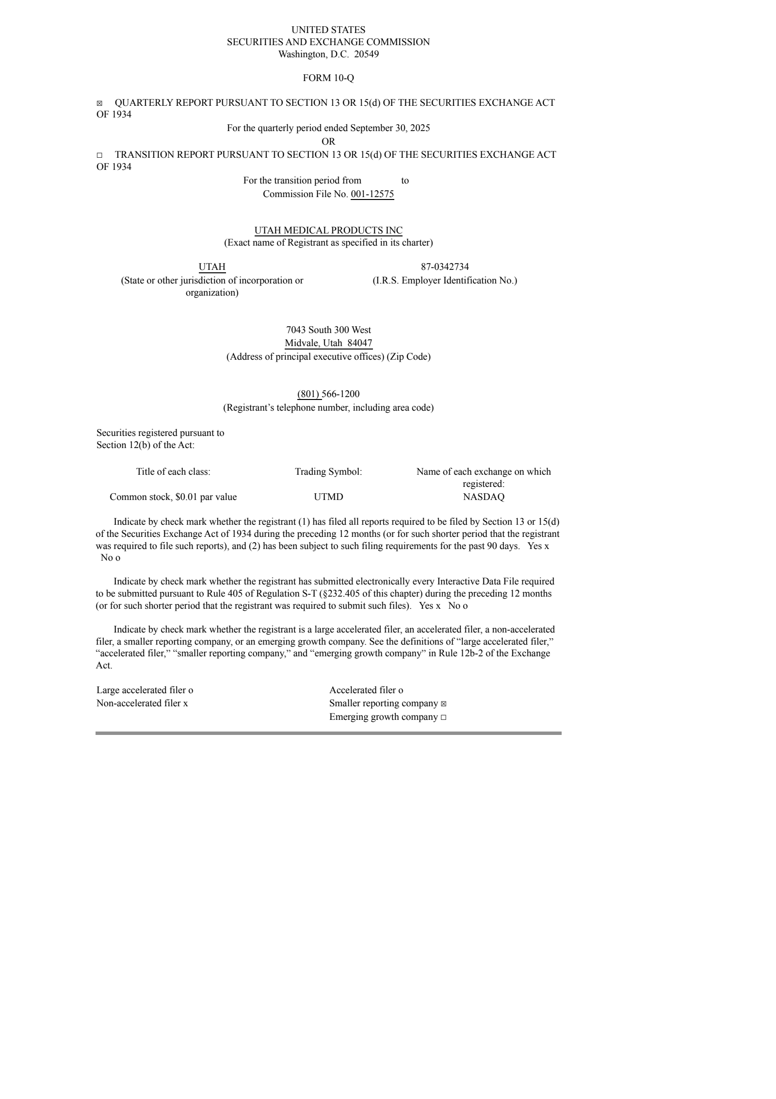 Utah Medical Products' Q3 2025 Quarterly Report
