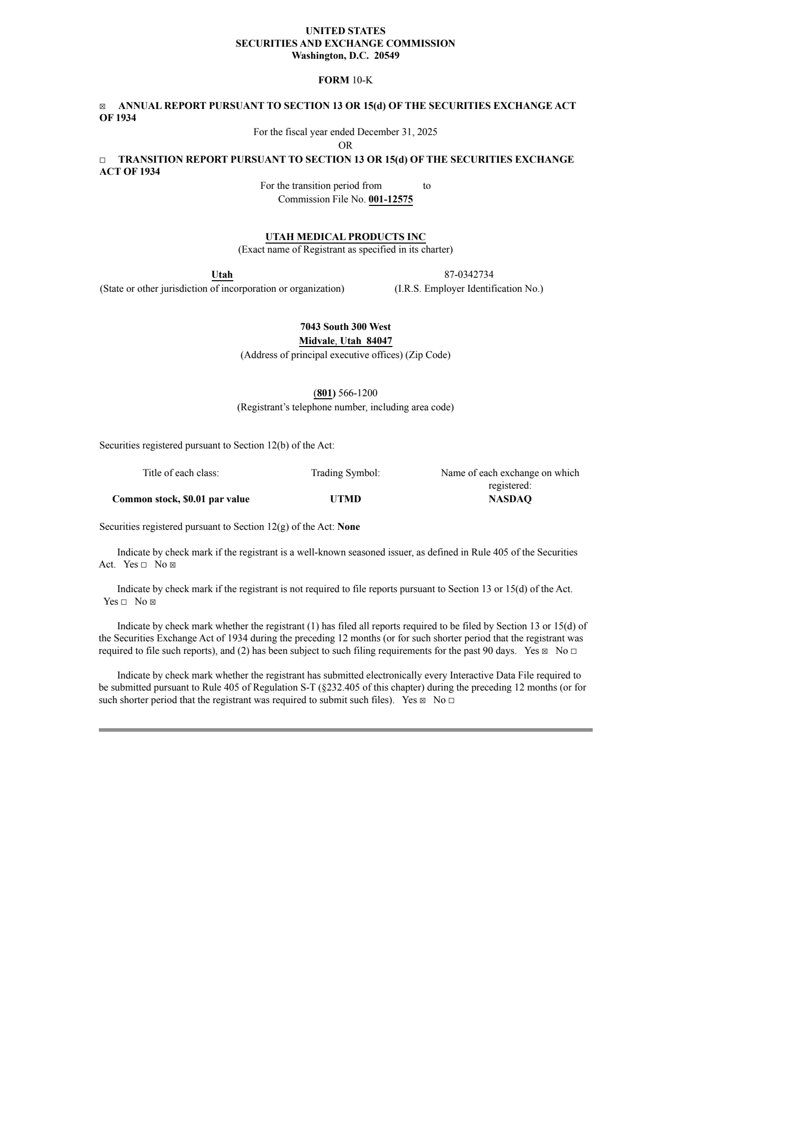 Utah Medical Products' Q4 2025 Annual report
