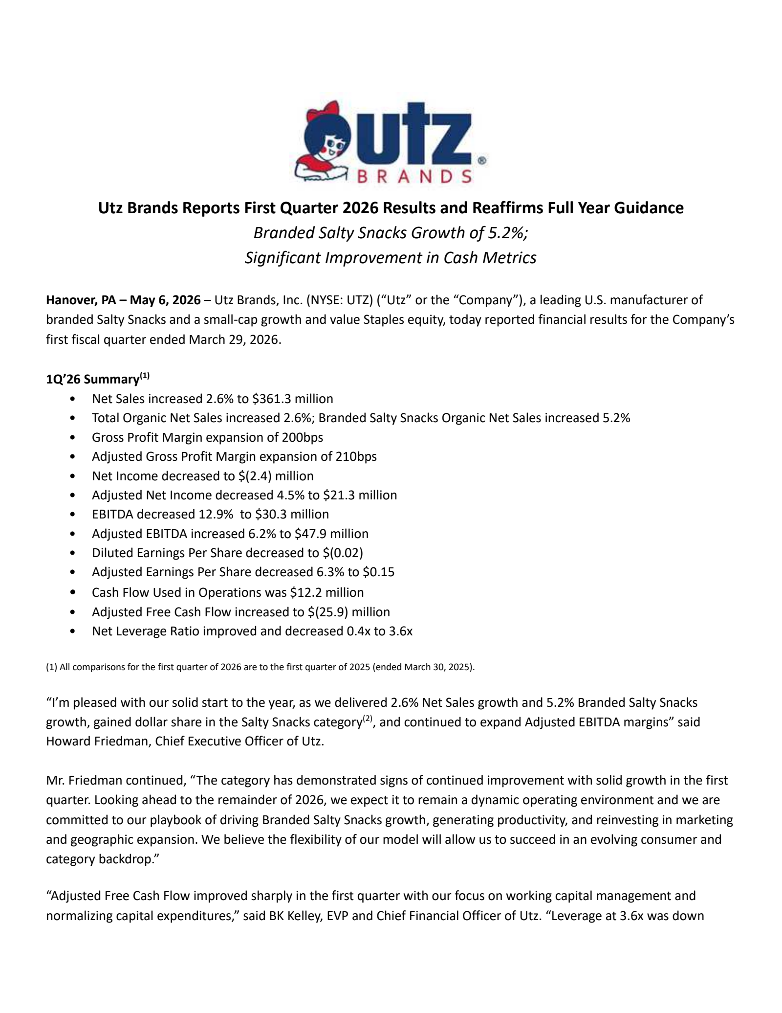 Utz Brands' Q1 2026 Prepared remarks Press Release