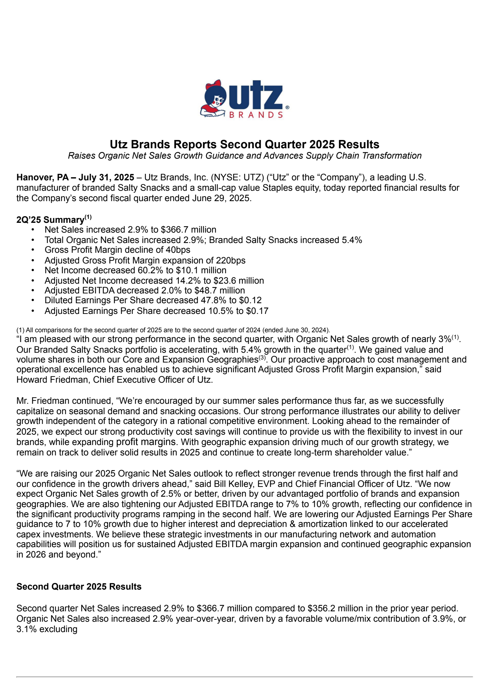 Utz Brands' Q2 2025 Press Release