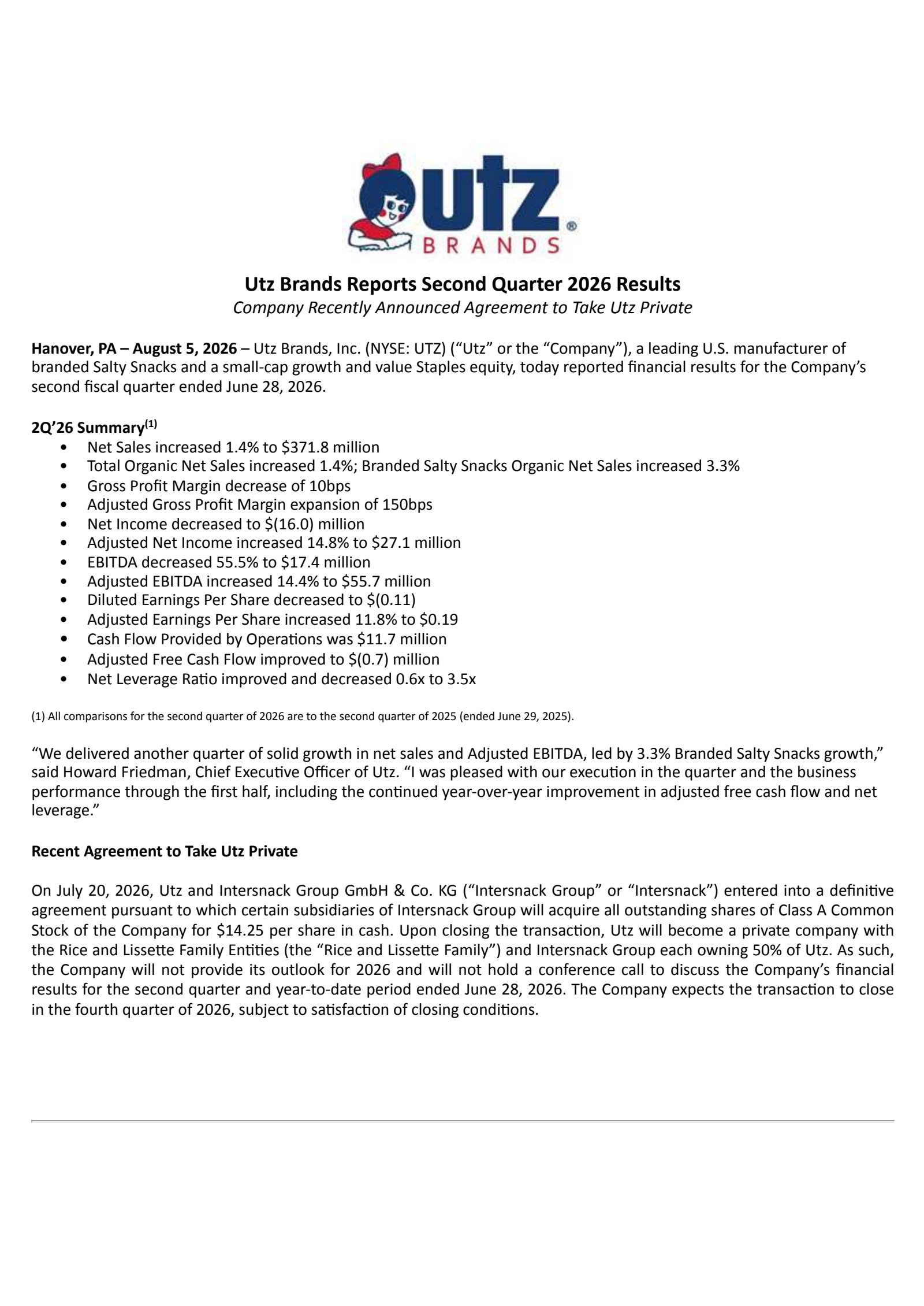 Utz Brands' Q2 2026 Press Release