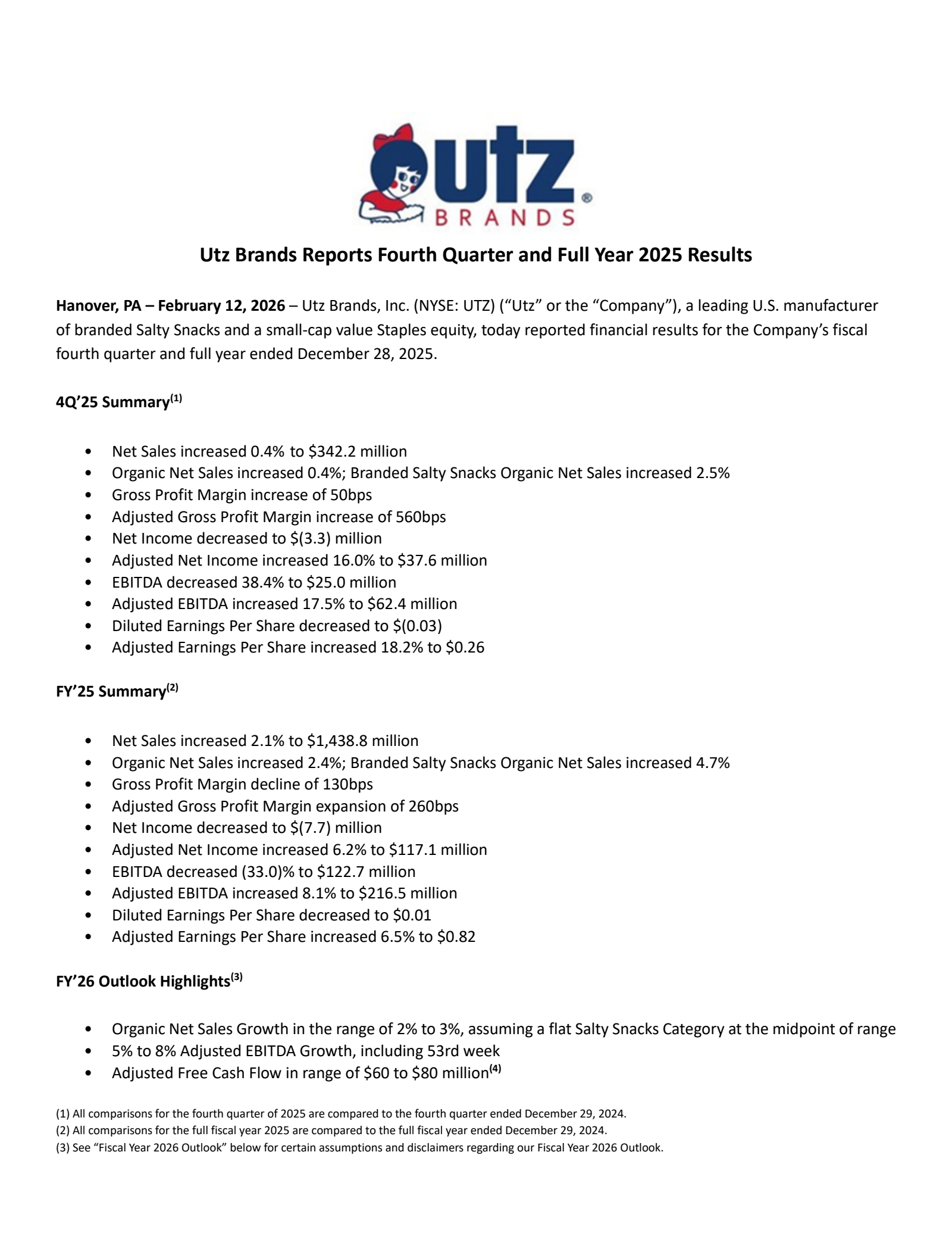 Utz Brands' Q4 2025 Prepared Remarks Press Release