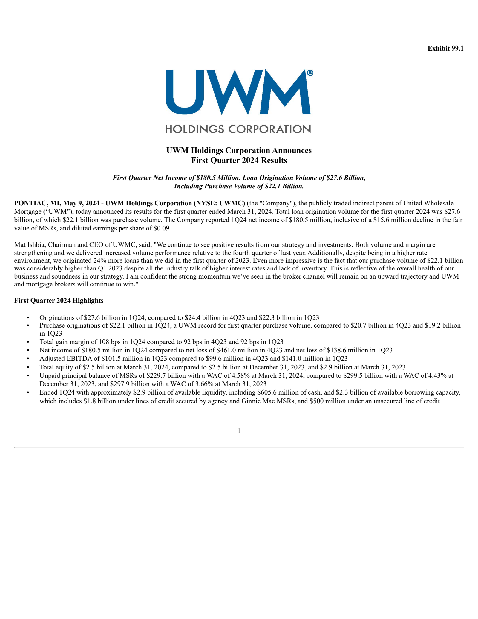 UWM's Q1 2024 Press Release