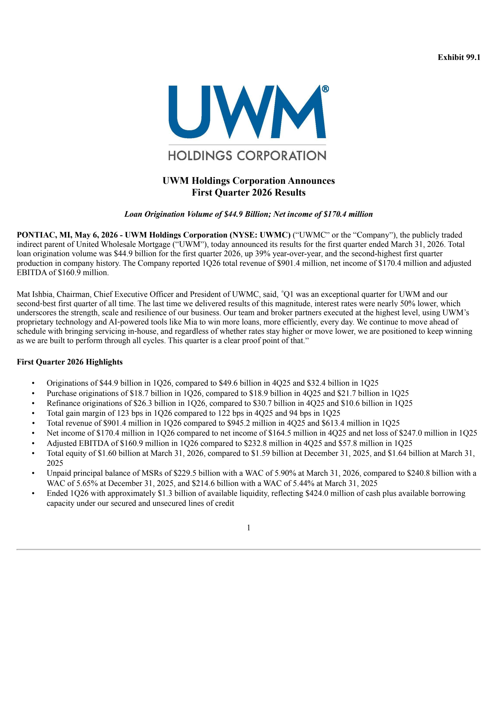 UWM's Q1 2026 Press Release