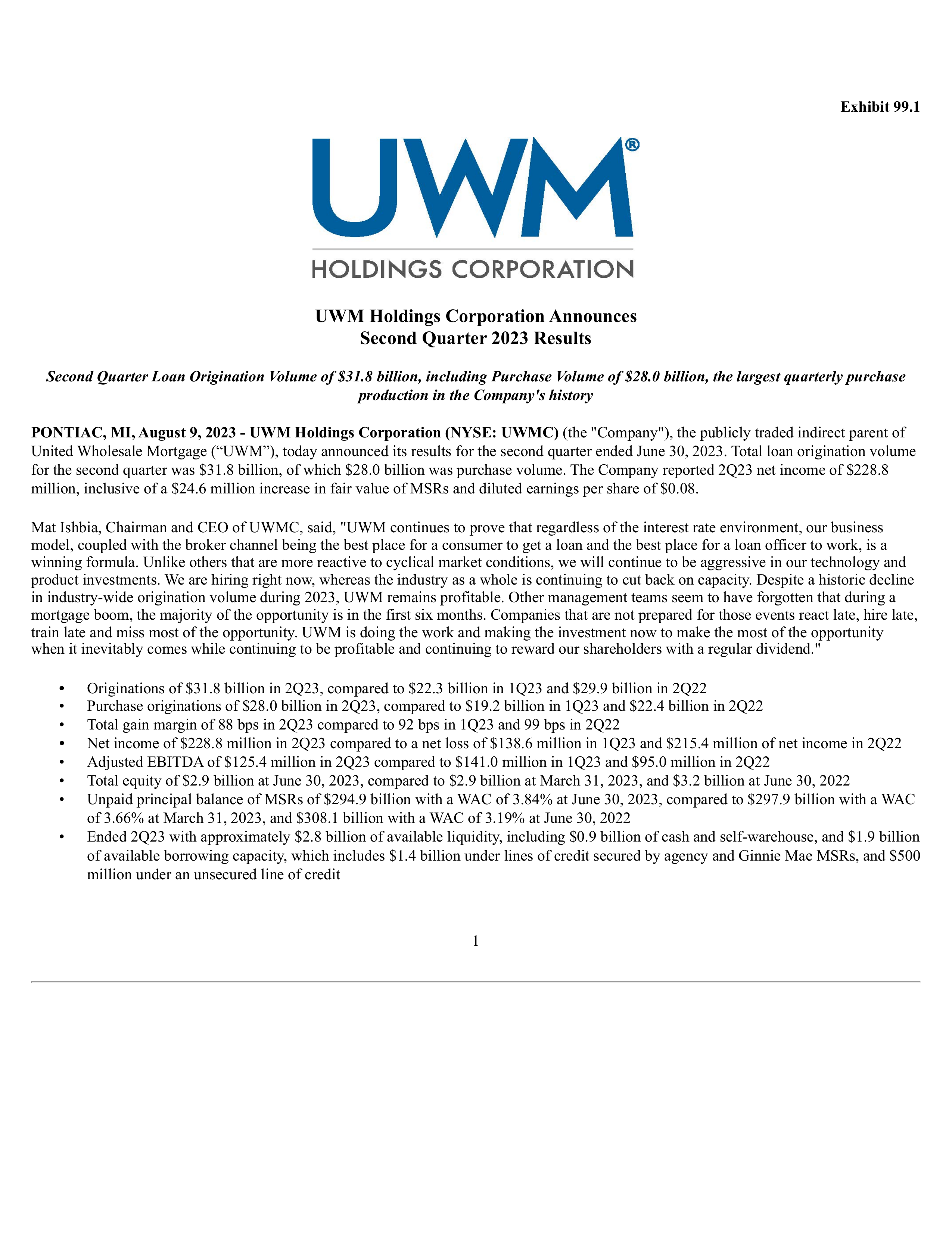 UWM's Q2 2023 Press Release
