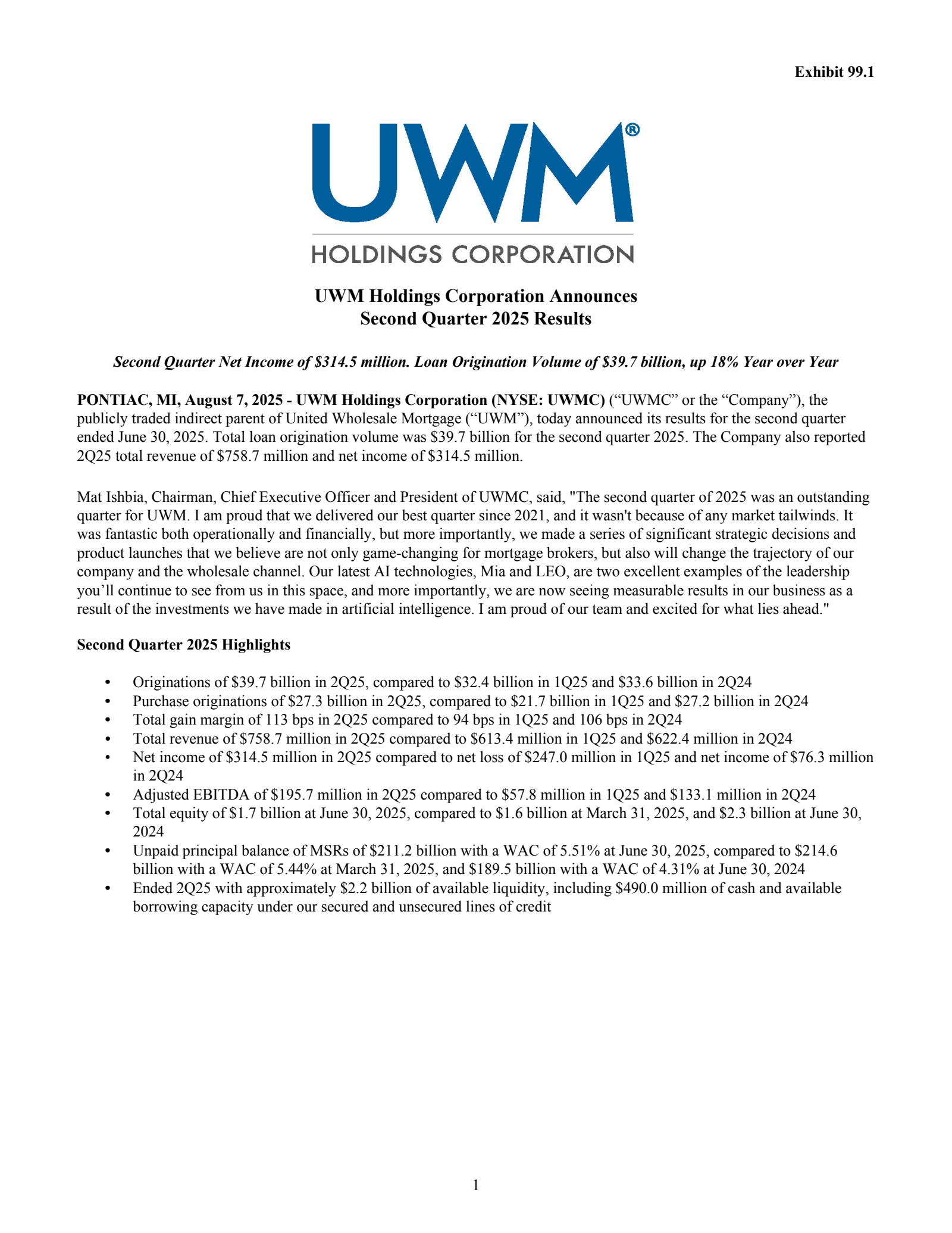 UWM's Q2 2025 Press Release