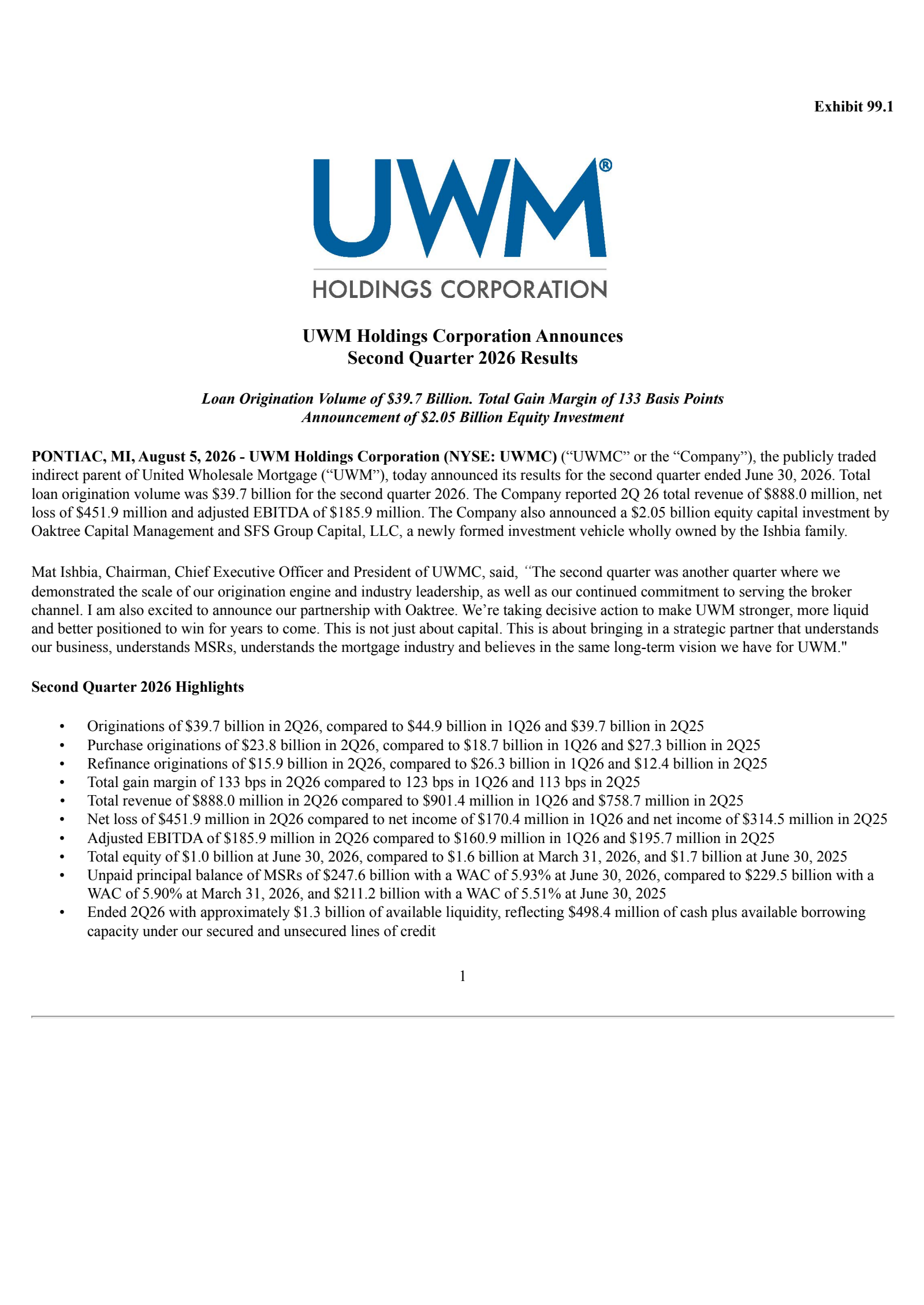 UWM's Q2 2026 Press Release