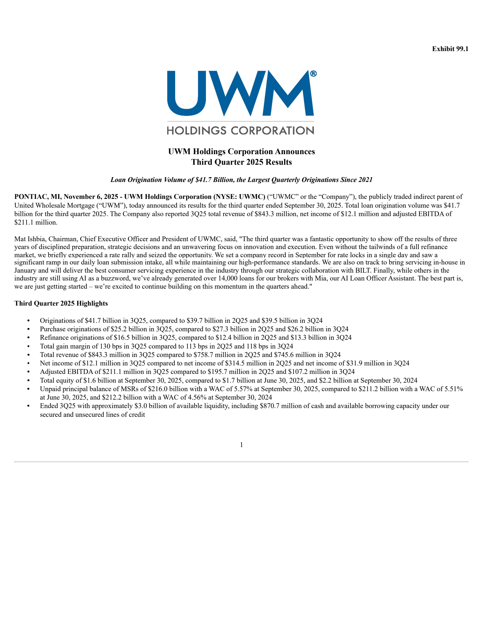 UWM's Q3 2025 Earnings Release