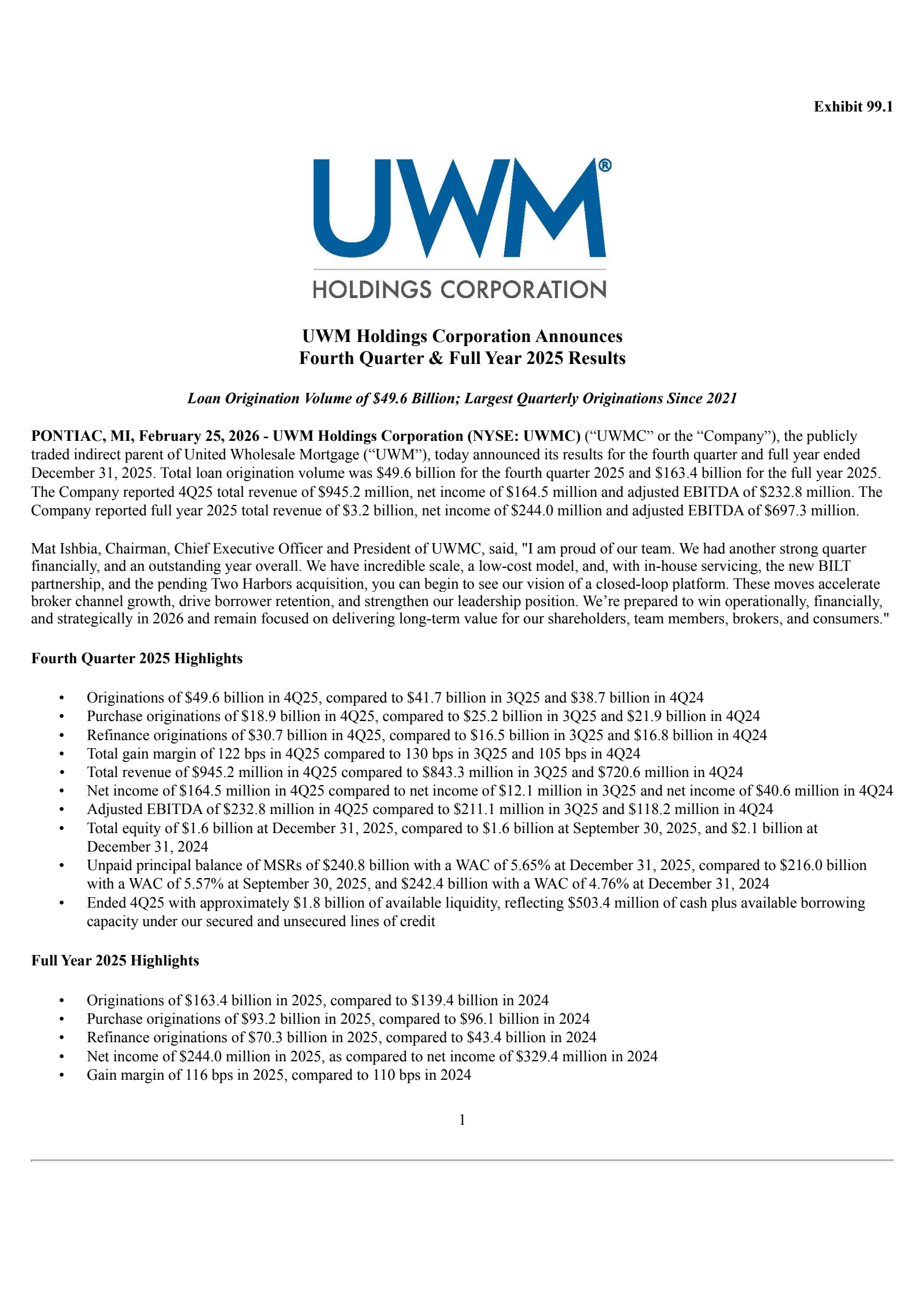 UWM's Q4 2025 Press Release