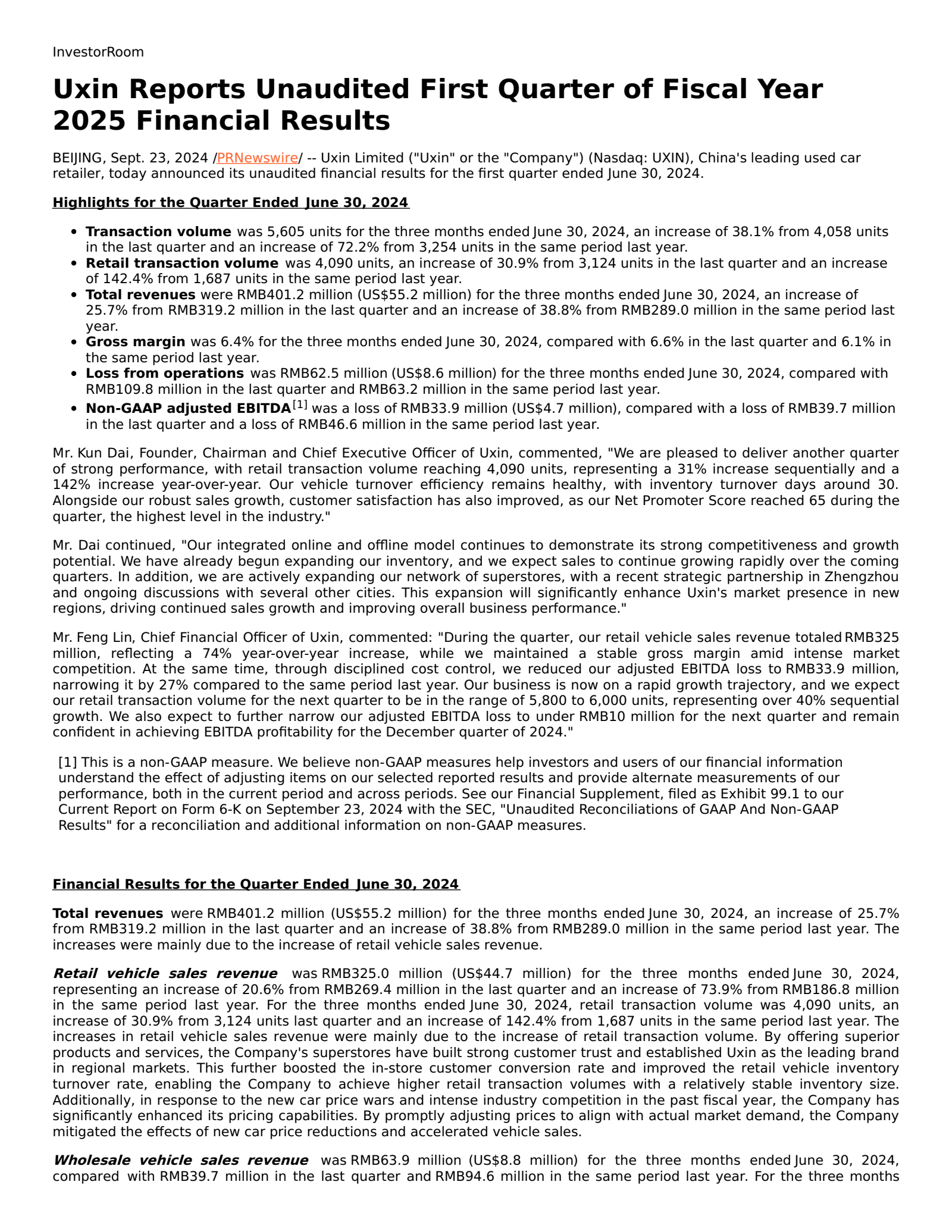 Uxin's Q1 2025 Earnings Release