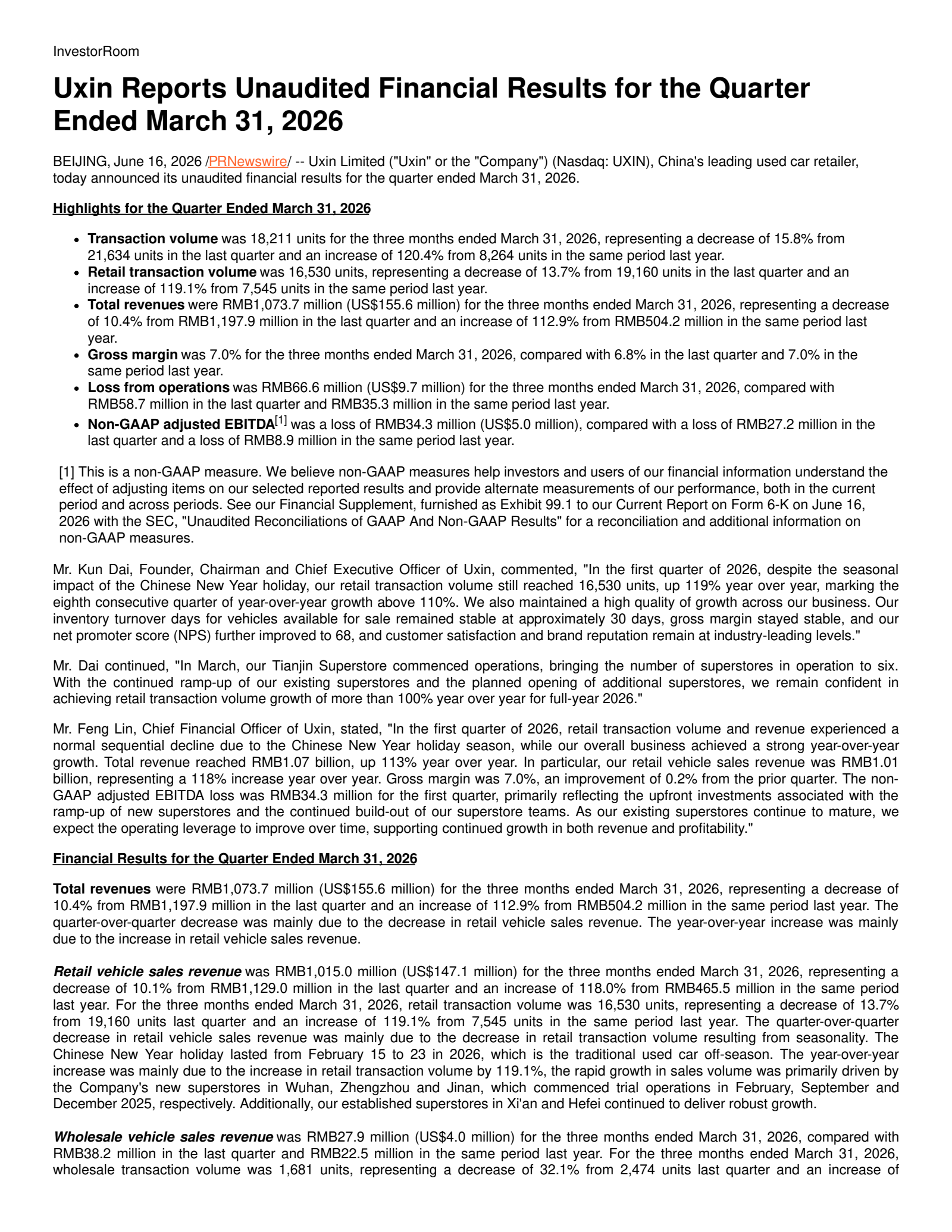 Uxin's Q1 2027 Press Release