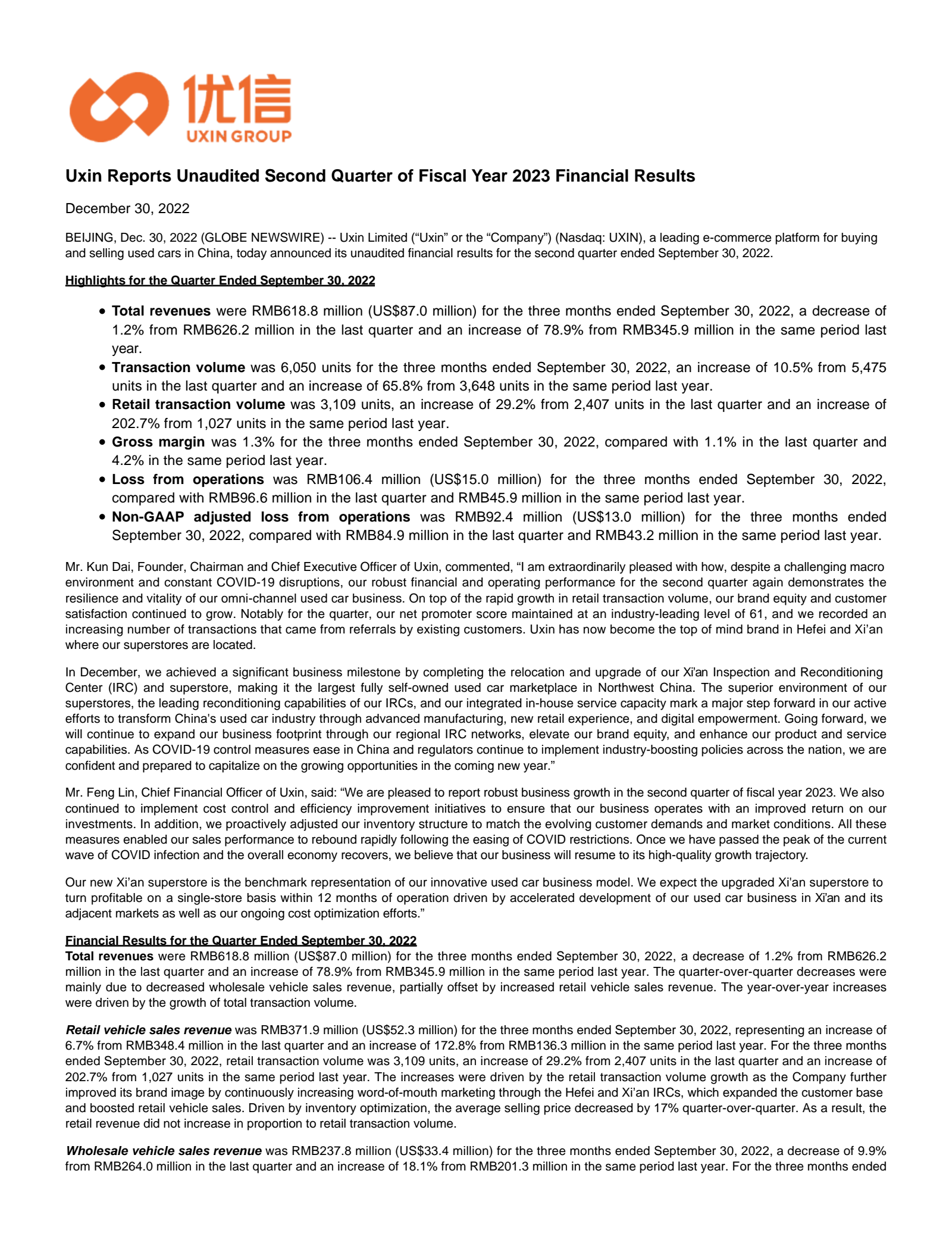 Uxin's Q2 2023 Earnings Release