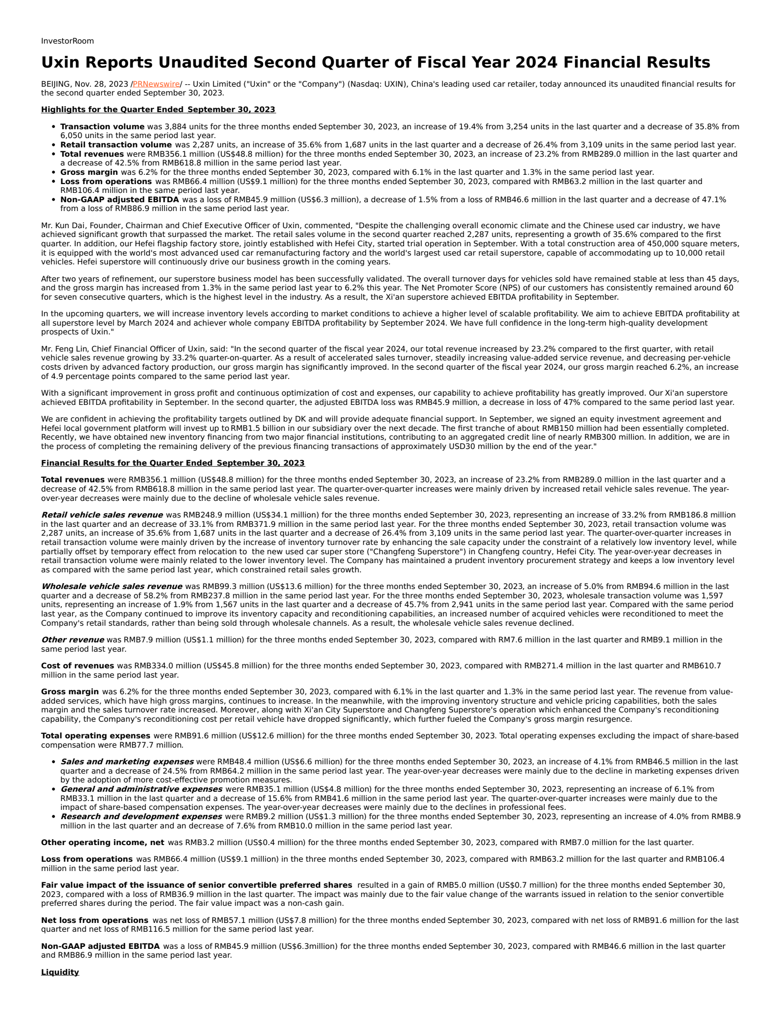 Uxin's Q2 2024 Earnings Release
