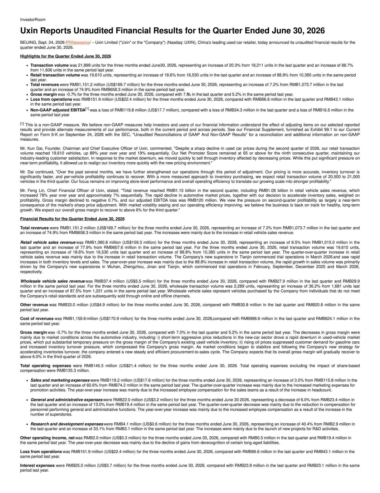 Uxin's Q2 2027 Press Release