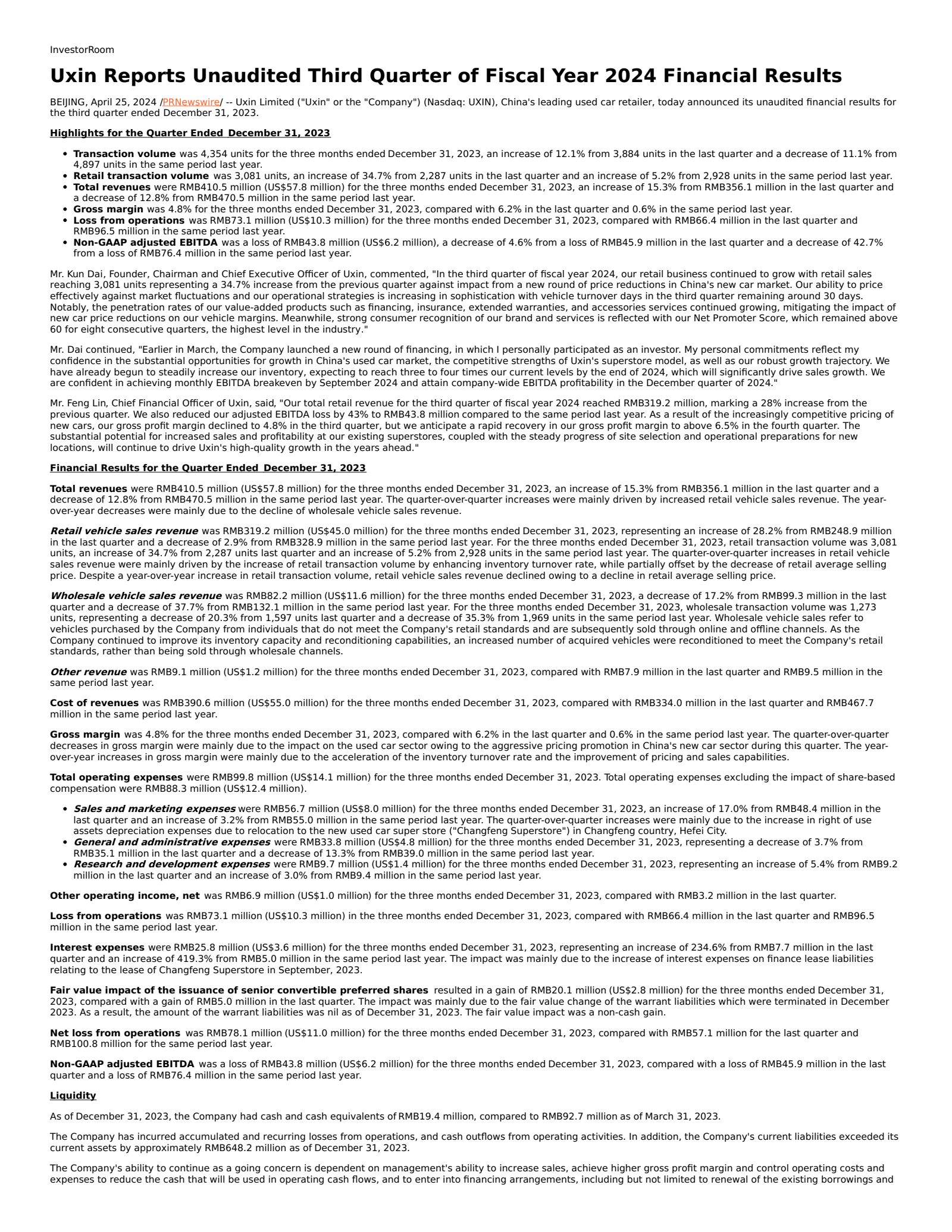 Uxin's Q3 2024 Earnings Release