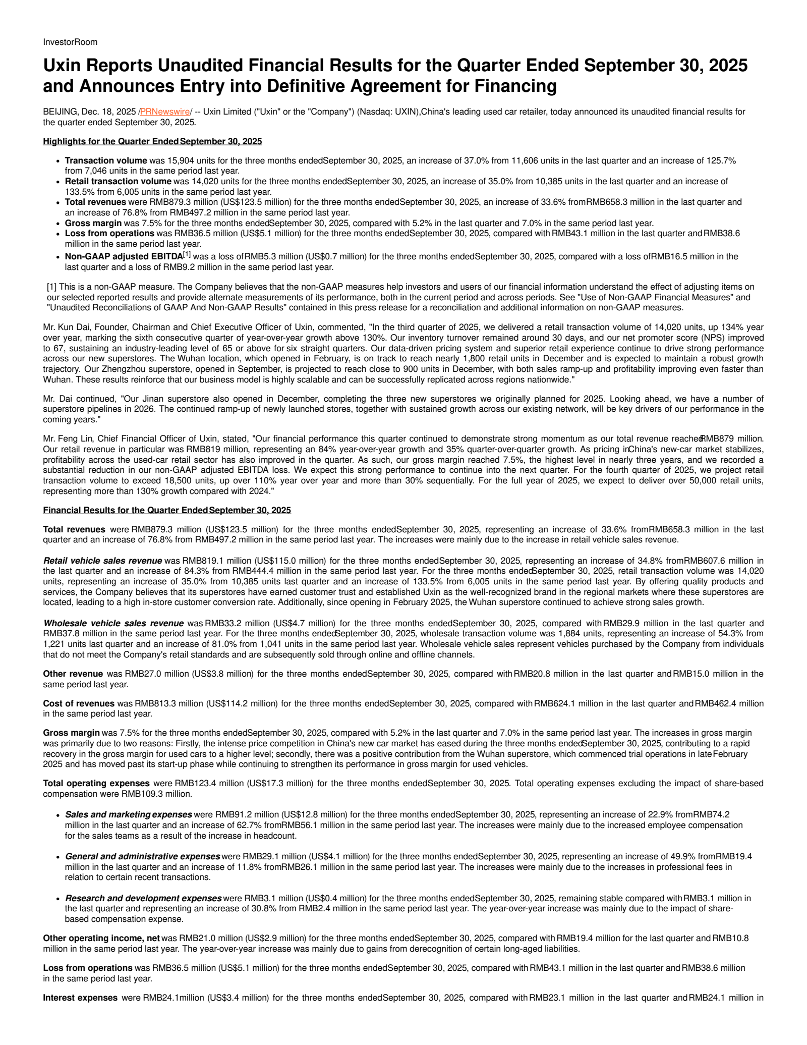 Uxin's Q3 2025 Earnings Release