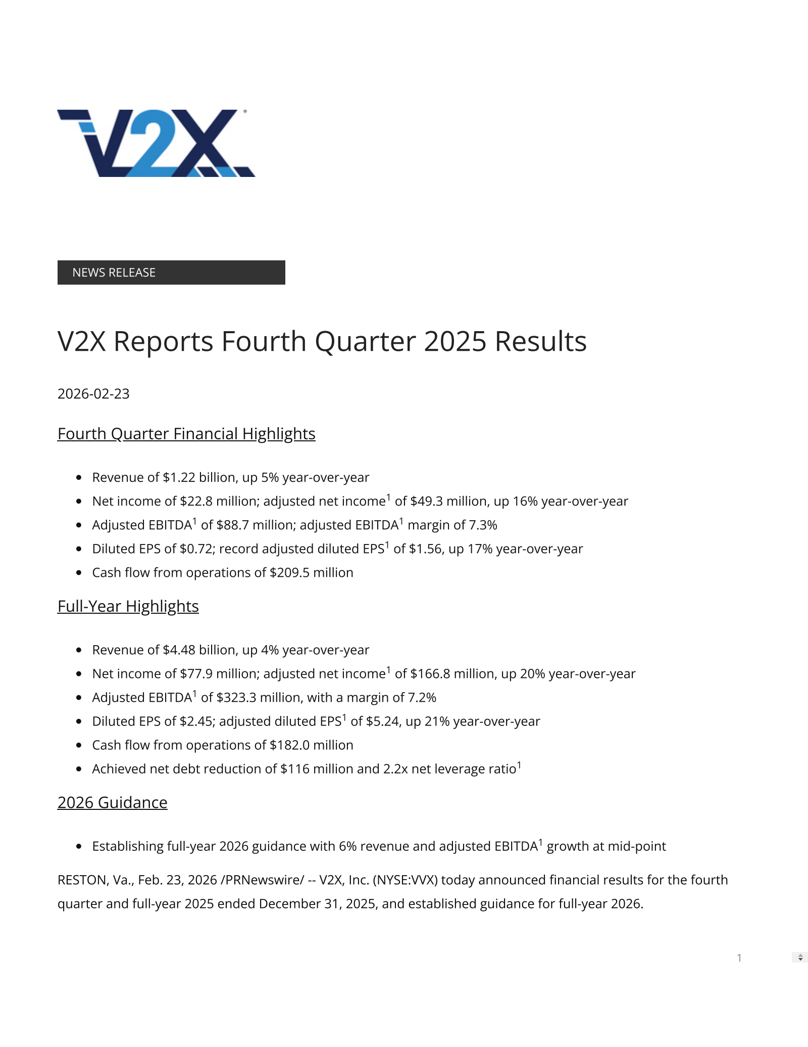 V2X's Q4 2025 Press Release
