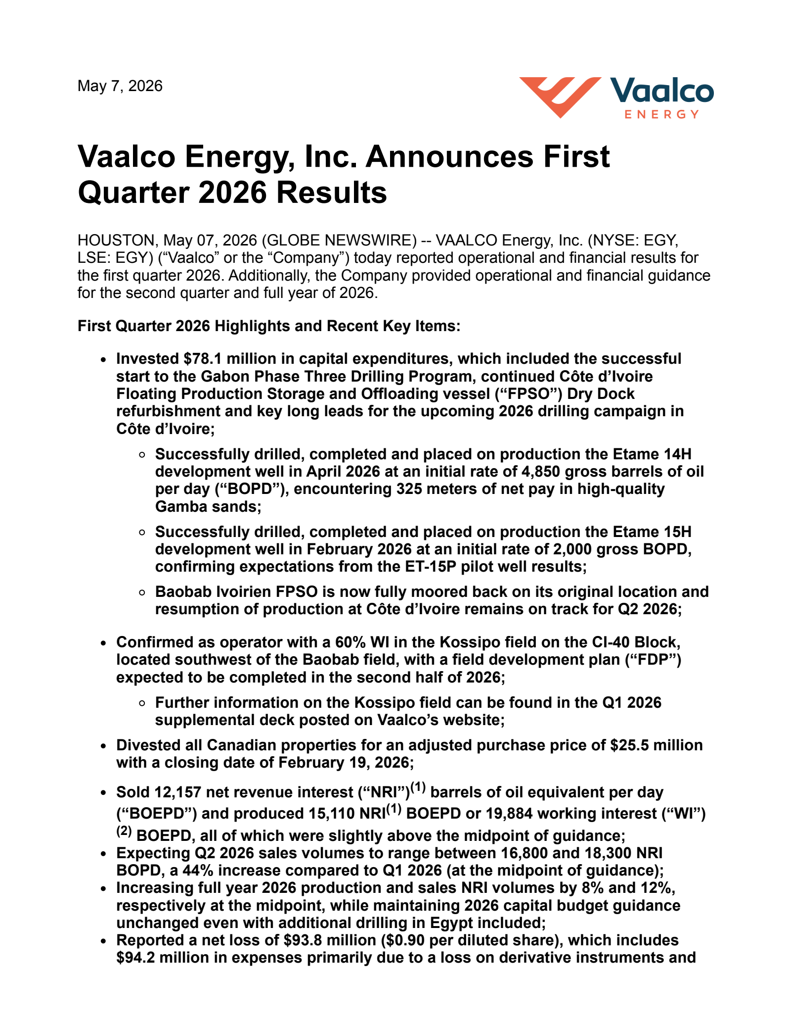 Vaalco Energy's Q1 2026 Press Release