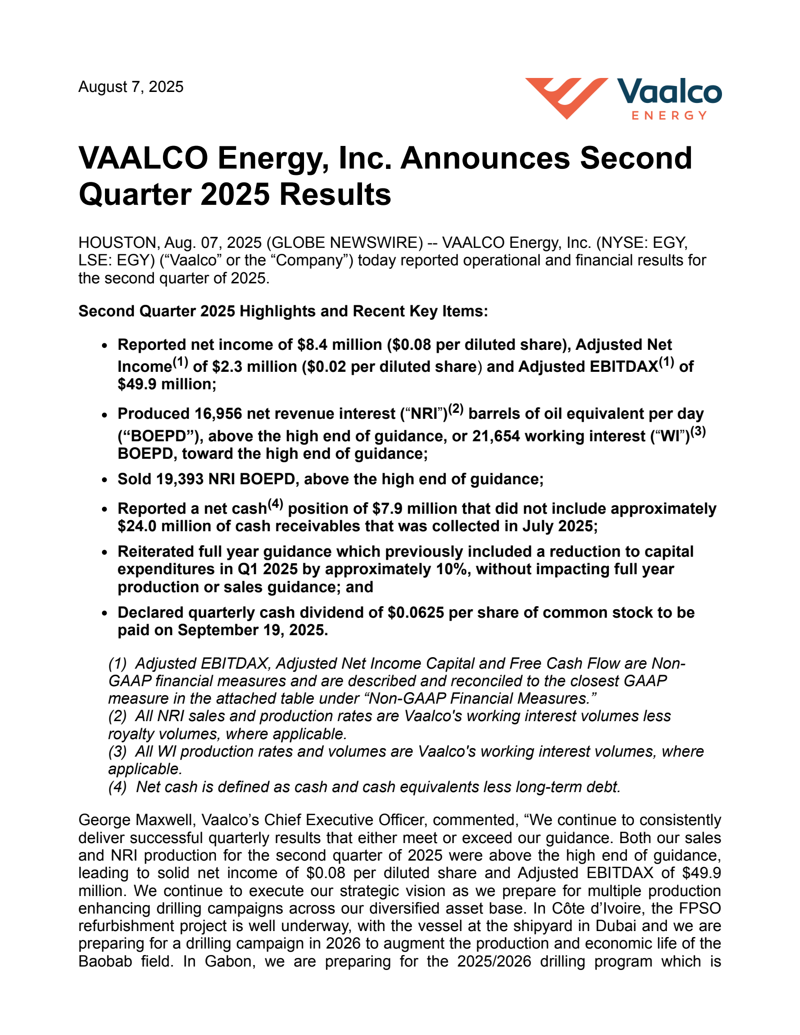 Vaalco Energy's Q2 2025 Press Release