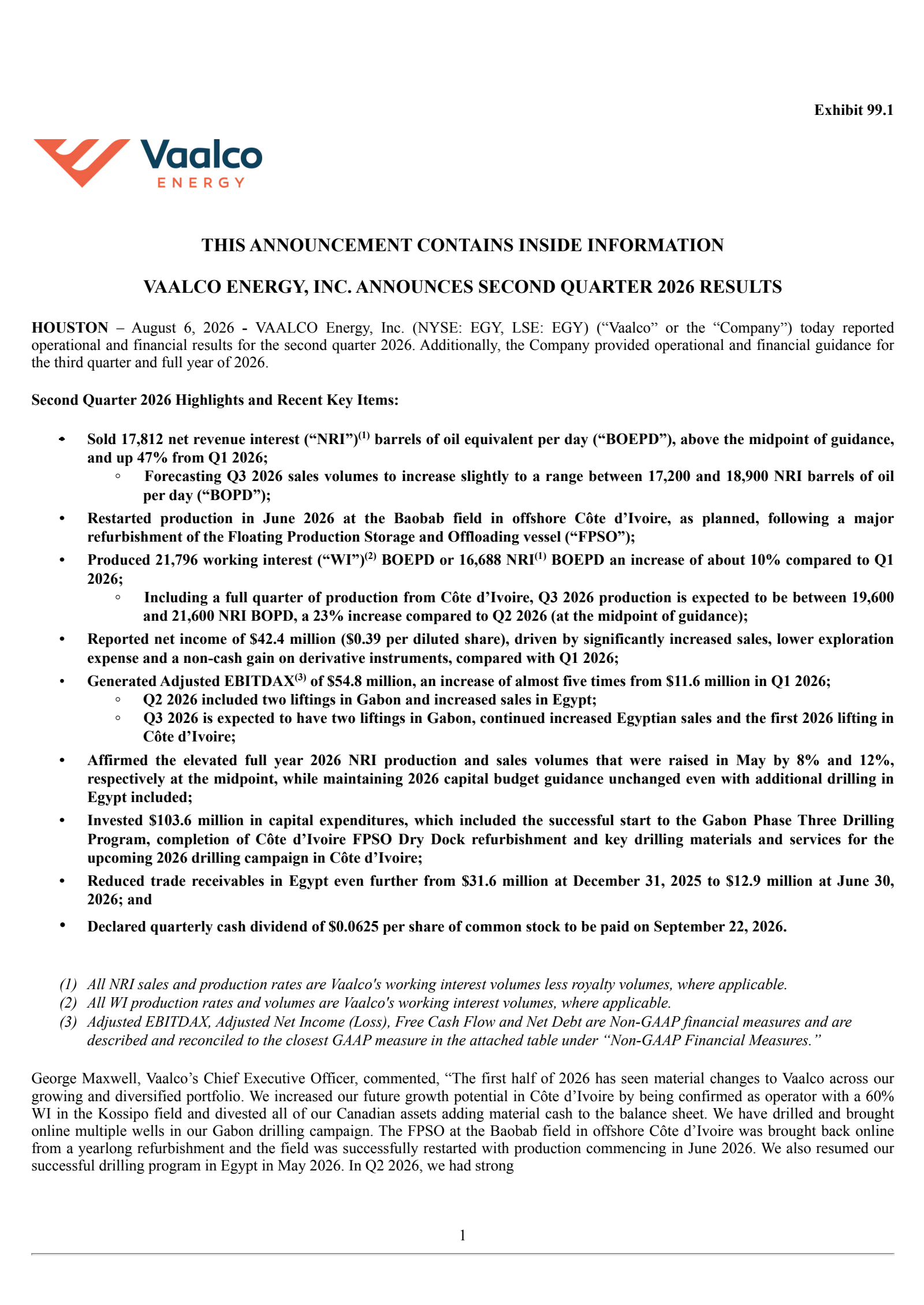 Vaalco Energy's Q2 2026 Press Release
