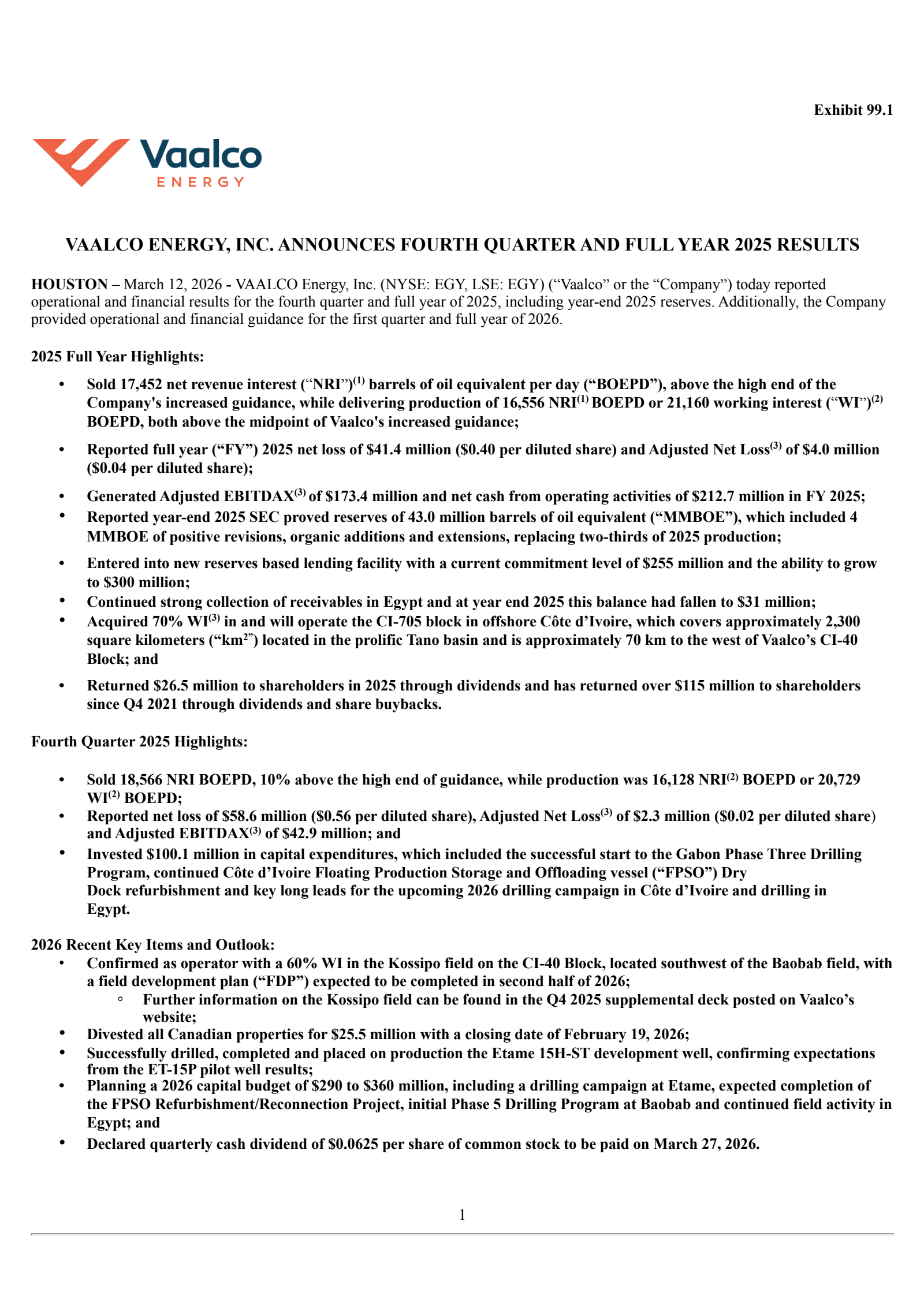 Vaalco Energy's Q4 2025 Press Release