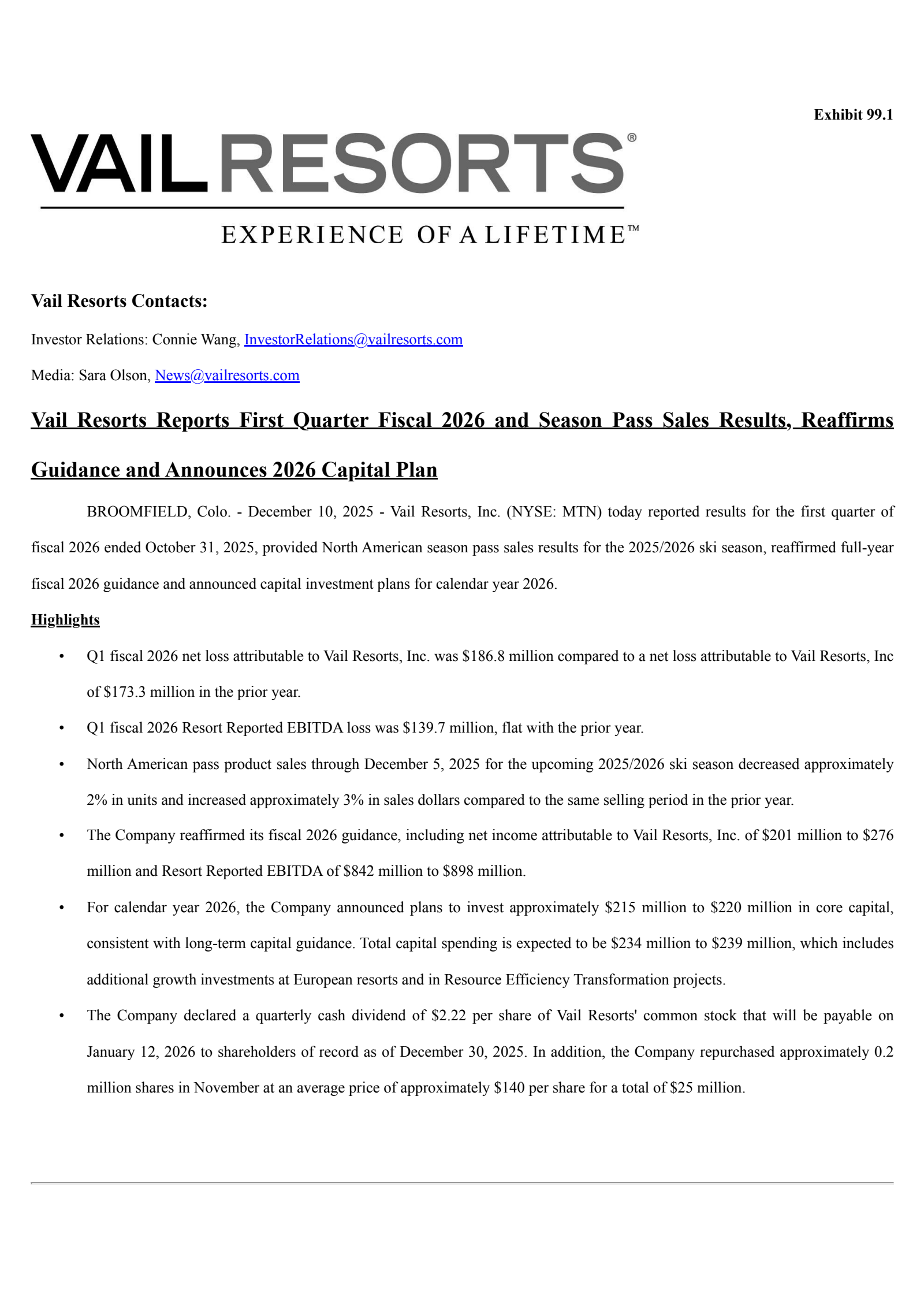 Vail Resorts' Q1 2026 Earnings Release