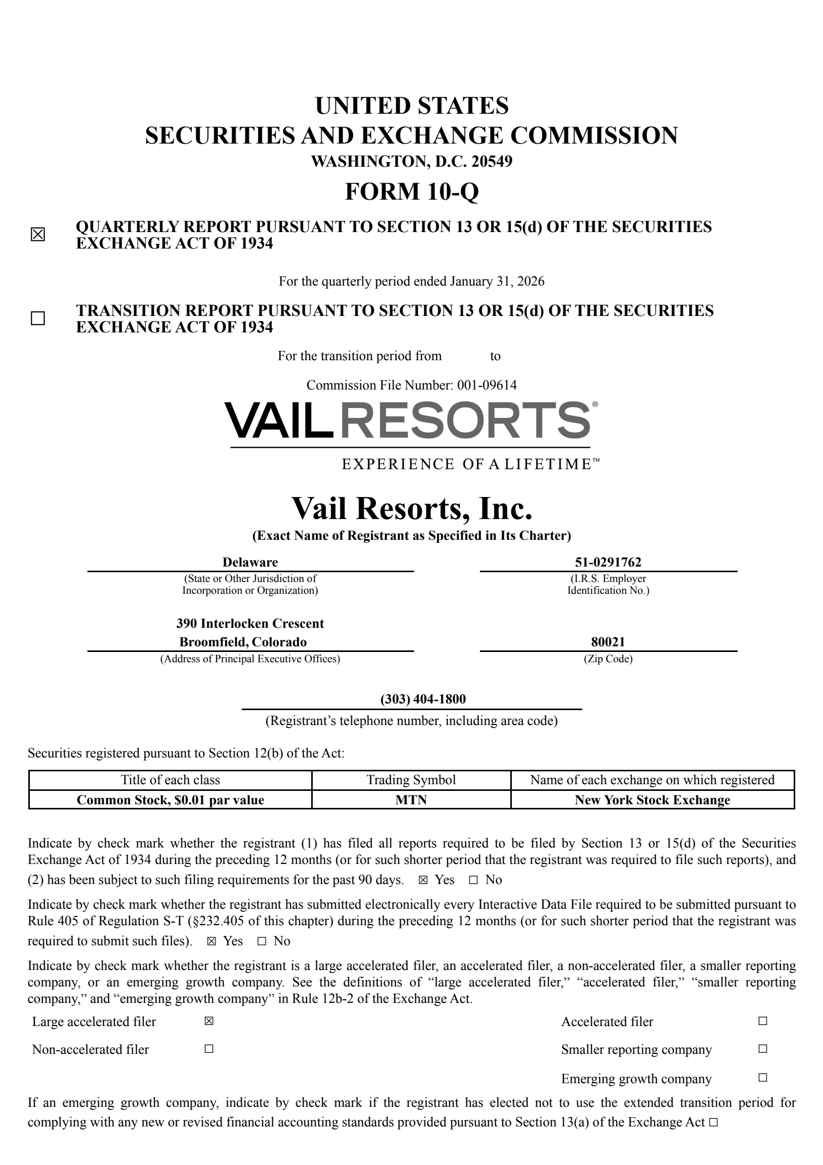 Vail Resorts' Q2 2026 Quarterly report