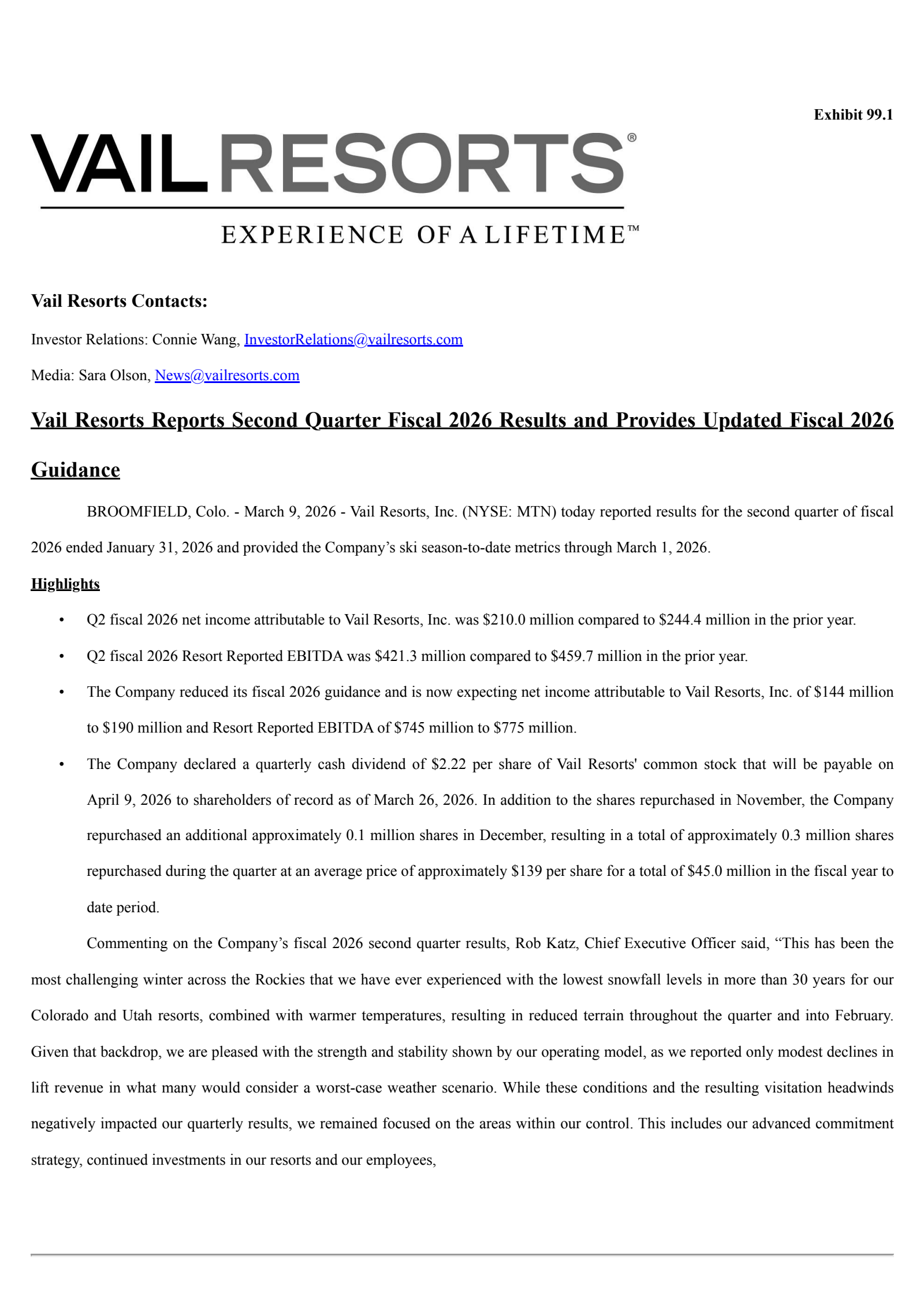 Vail Resorts' Q2 2026 Press Release