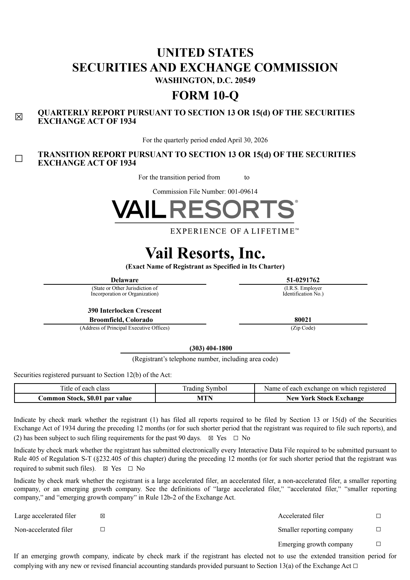 Vail Resorts' Q3 2026 Quarterly report