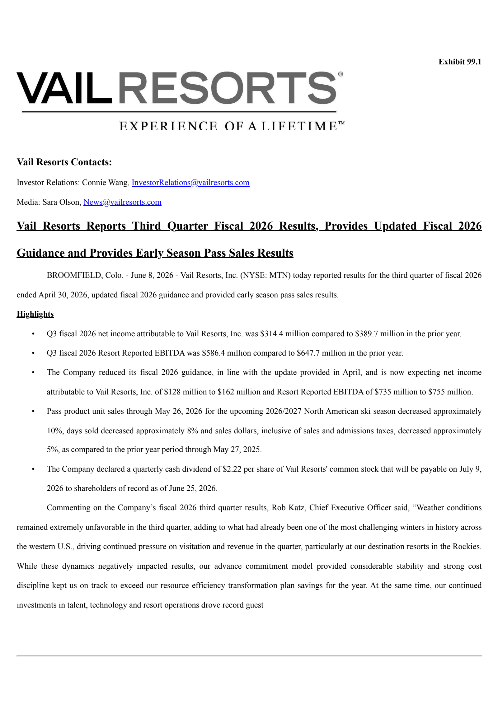 Vail Resorts' Q3 2026 Press Release