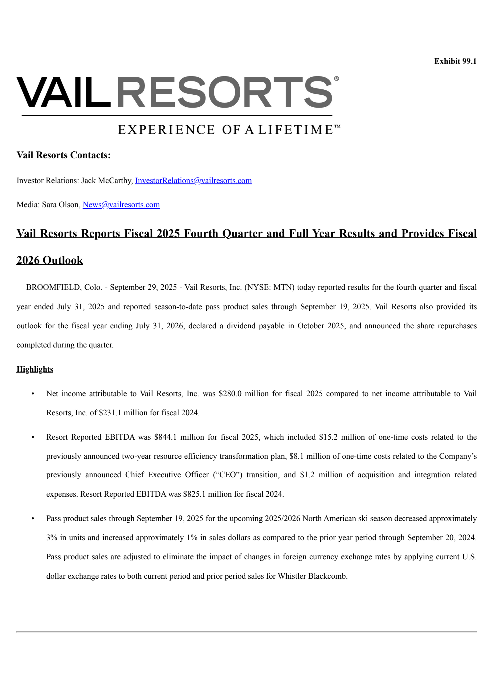 Vail Resorts' Q4 2025 Earnings Release