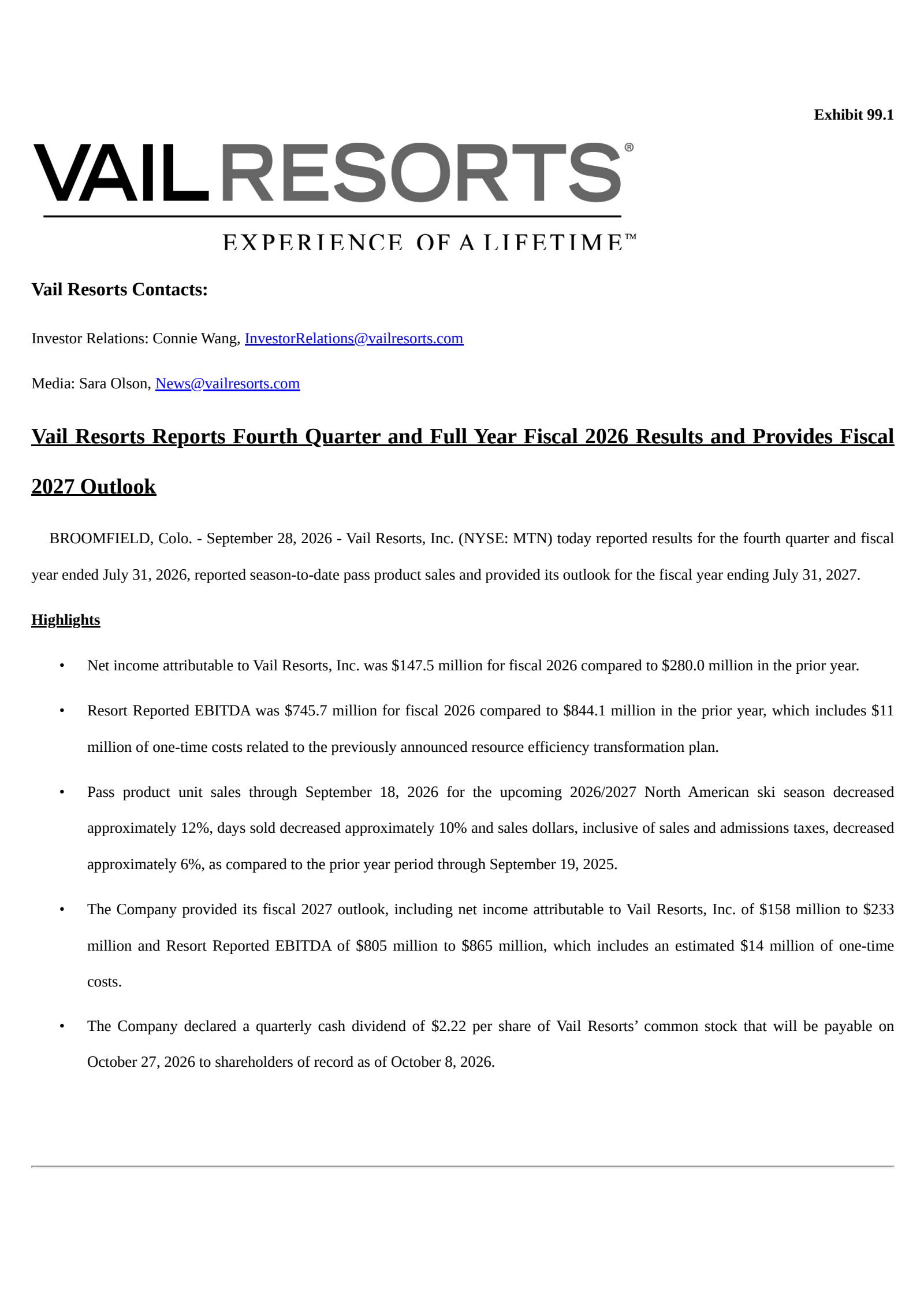 Vail Resorts' Q4 2026 Press Release