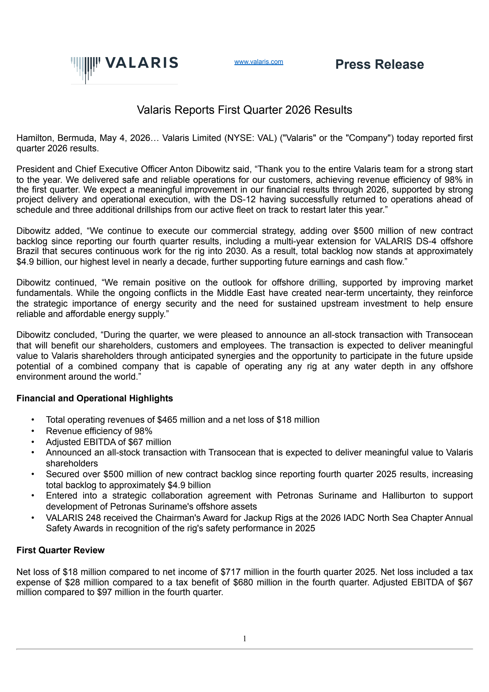 Valaris' Q1 2026 Press Release