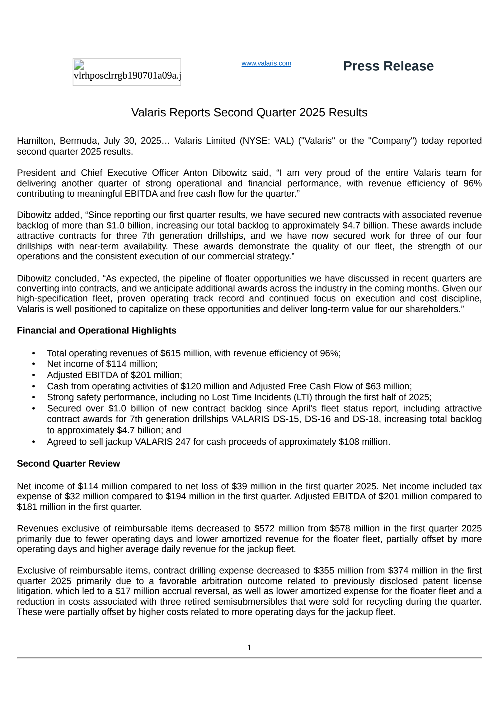 Valaris' Q2 2025 Press Release