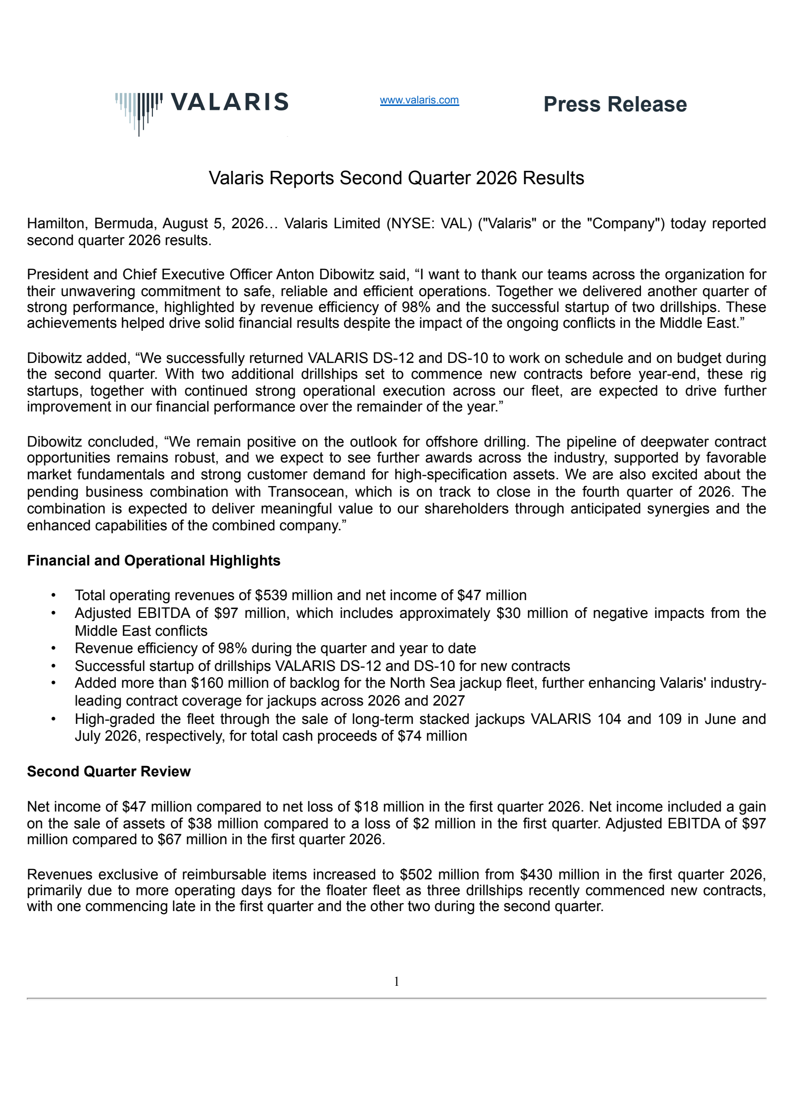 Valaris' Q2 2026 Press Release
